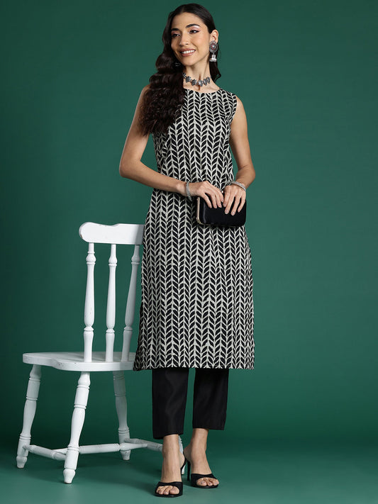 Indo Era Black Printed Straight Kurta