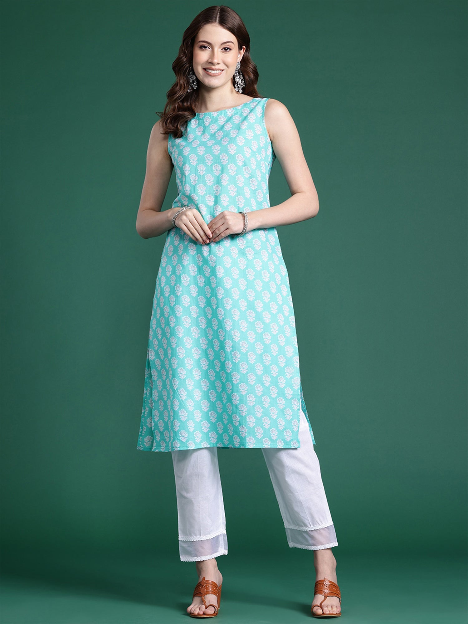 Indo Era Blue Printed Straight Kurta