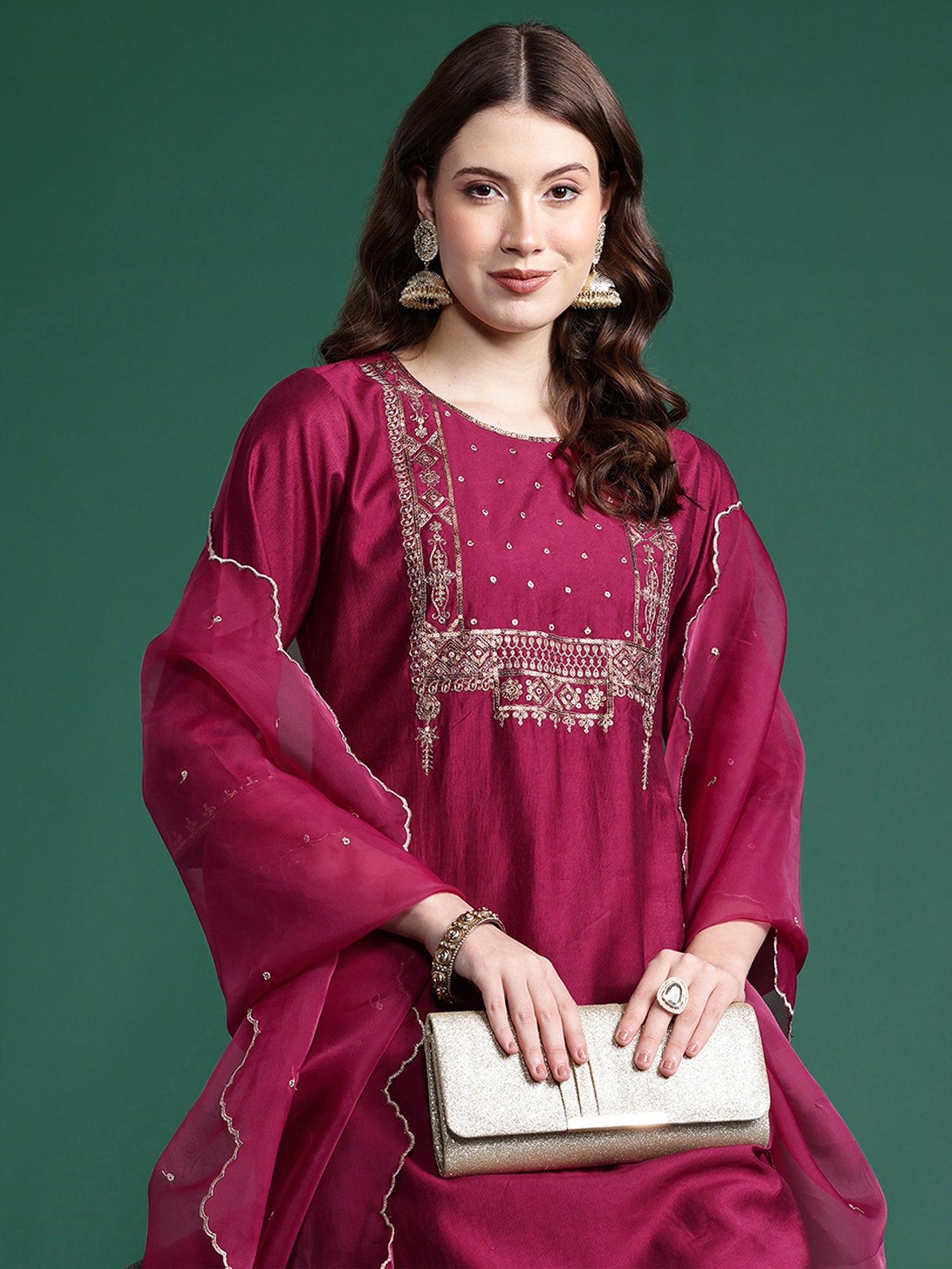 Indo Era Burgundy Embroidered Straight Kurta Trousers With Dupatta Set