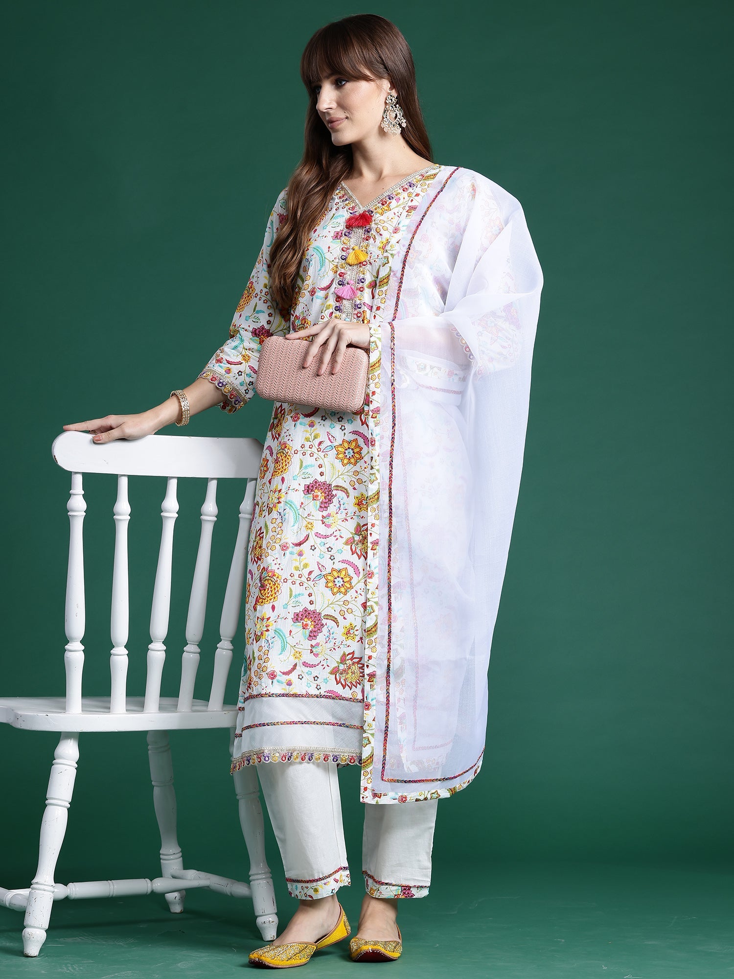 Indo Era Off White Printed Straight Kurta Trousers With Dupatta set