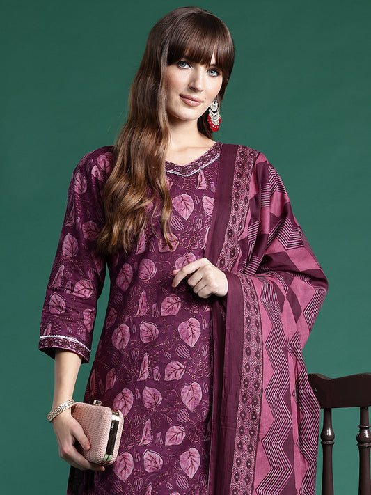Indo Era Burgundy Printed Straight Kurta Palazzos With Dupatta set