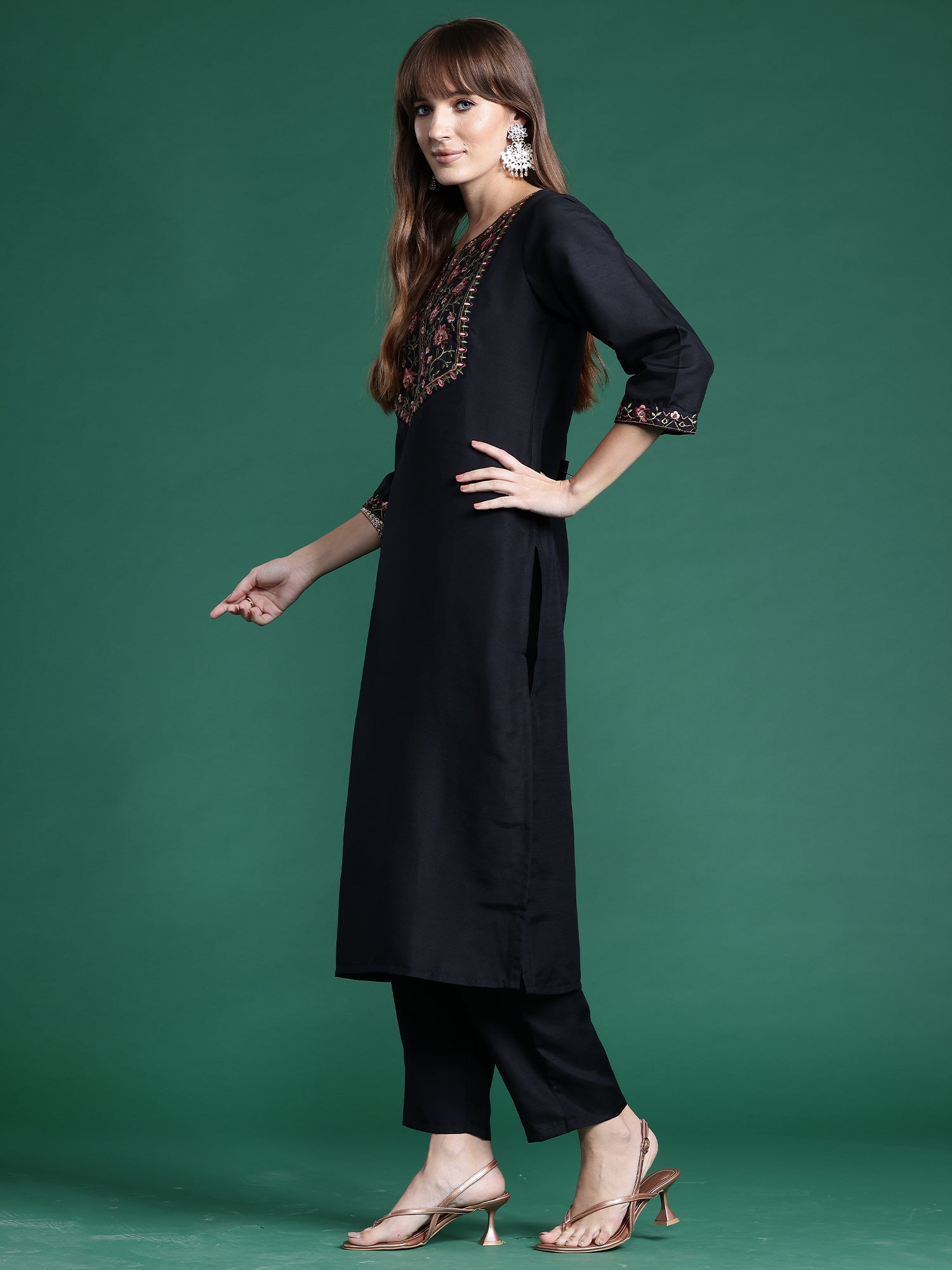 Indo Era Black Embroidered Straight Kurta Trousers With Dupatta Set