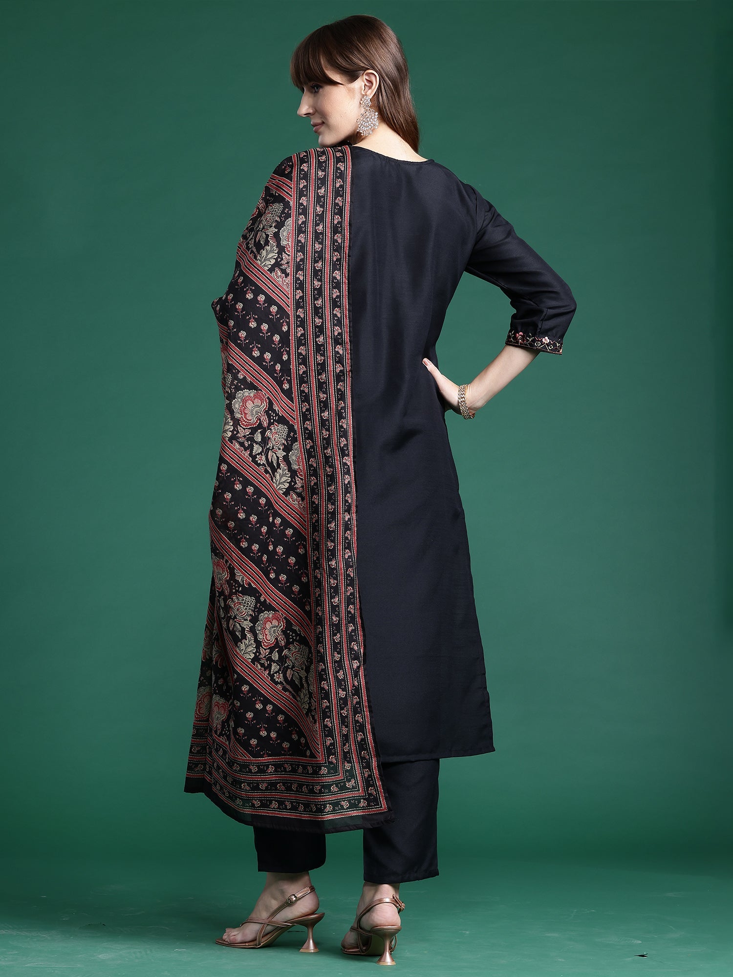 Indo Era Black Embroidered Straight Kurta Trousers With Dupatta Set