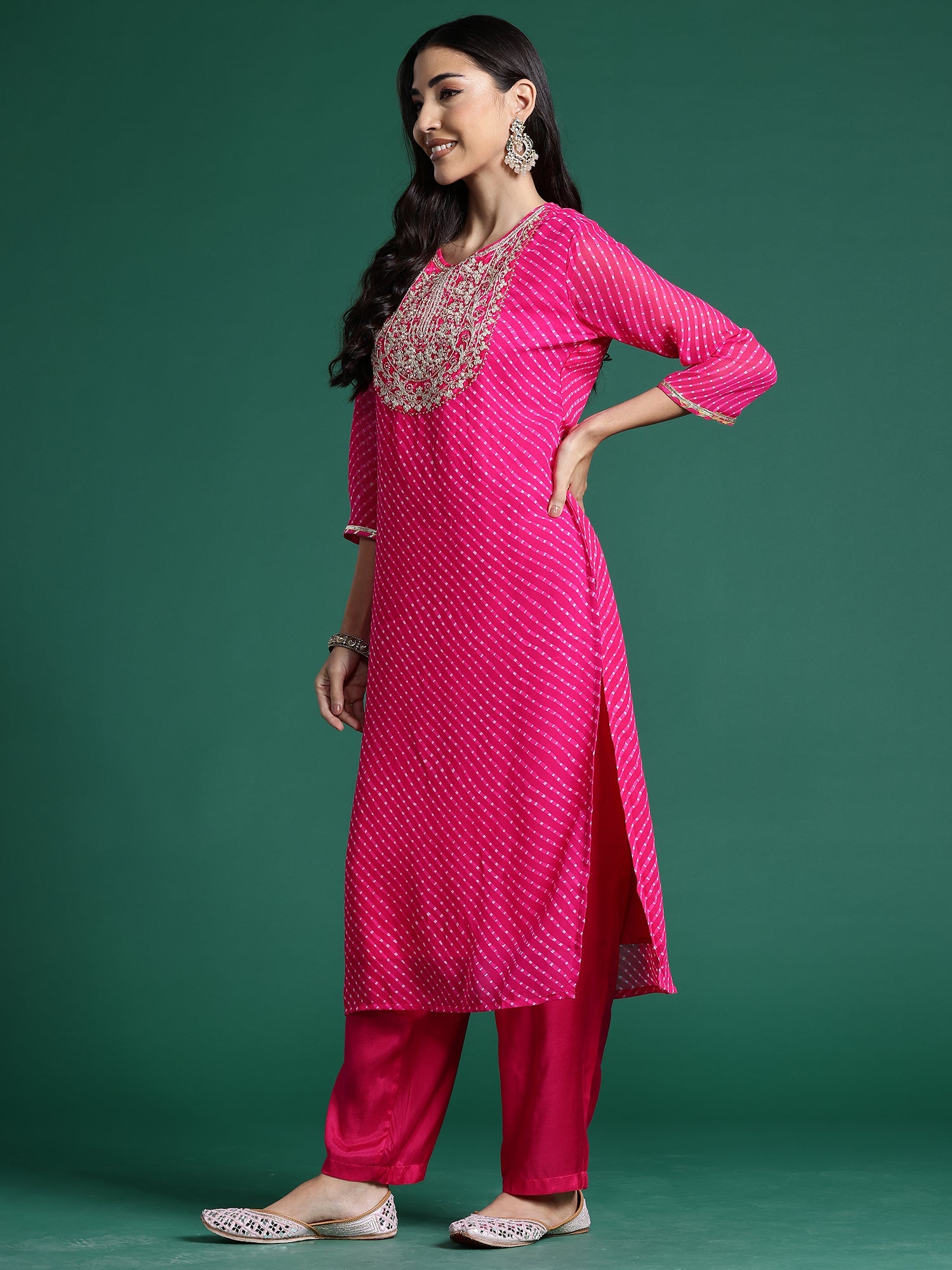Indo Era Pink Printed Straight Kurta Trousers With Dupatta set