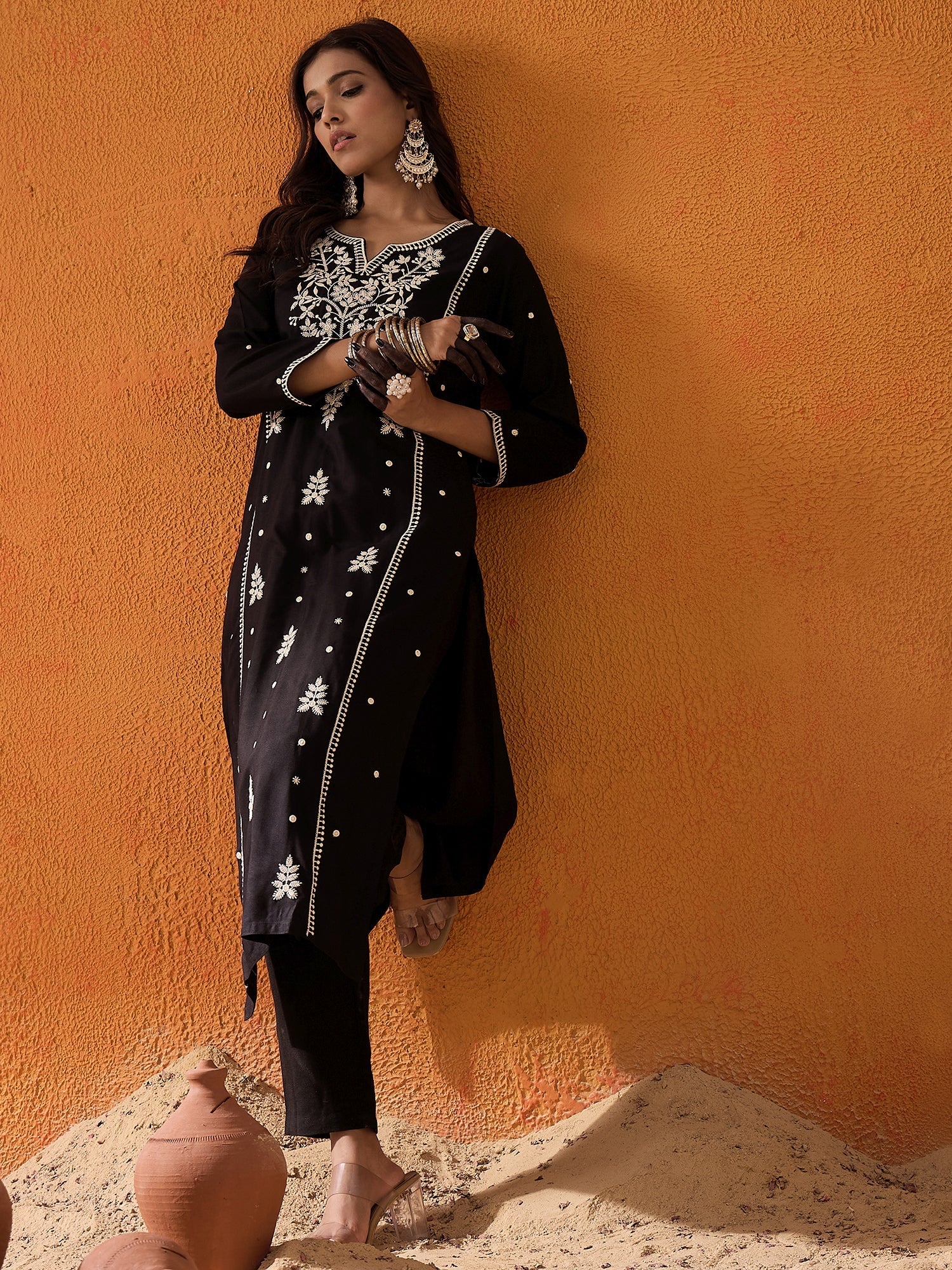 Indo Era Black Embroidered Straight Kurta
