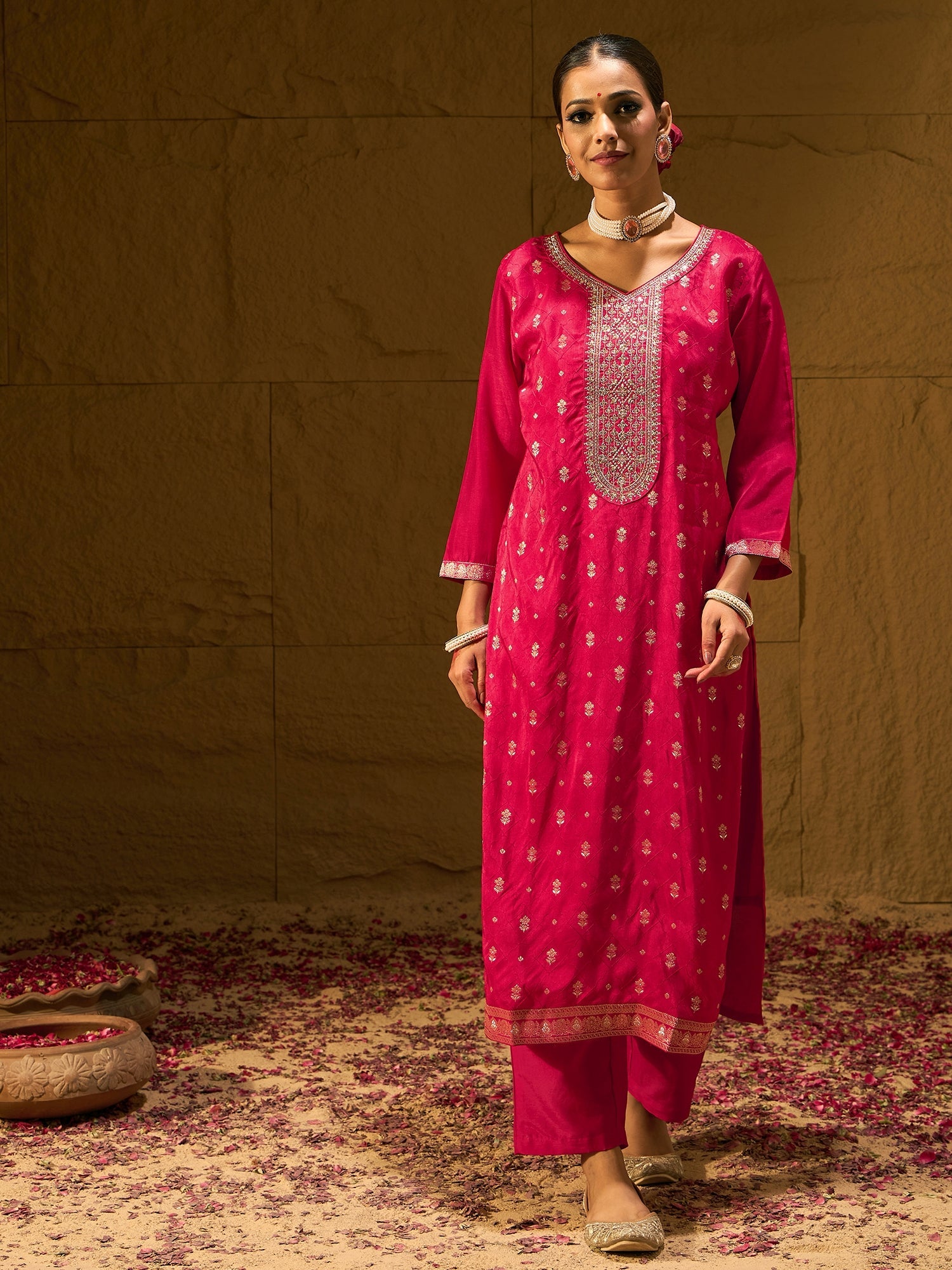Indo Era Magenta Embroidered Straight Kurta Trousers With Dupatta set