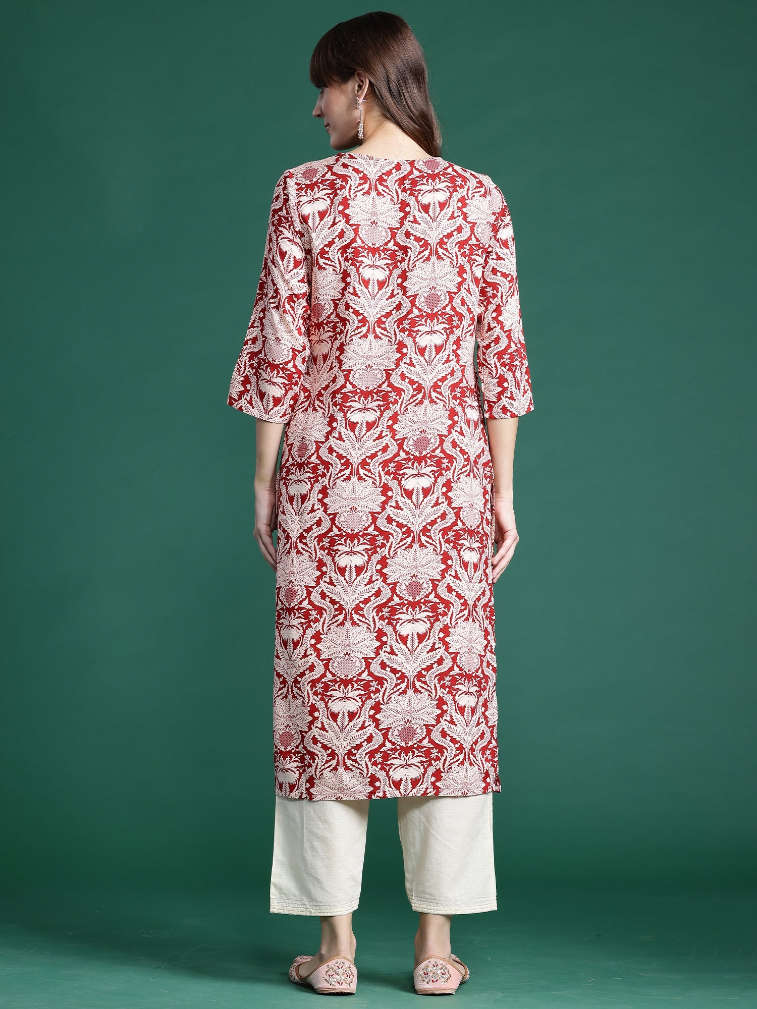 Indo Era Red Printed Straight Kurta