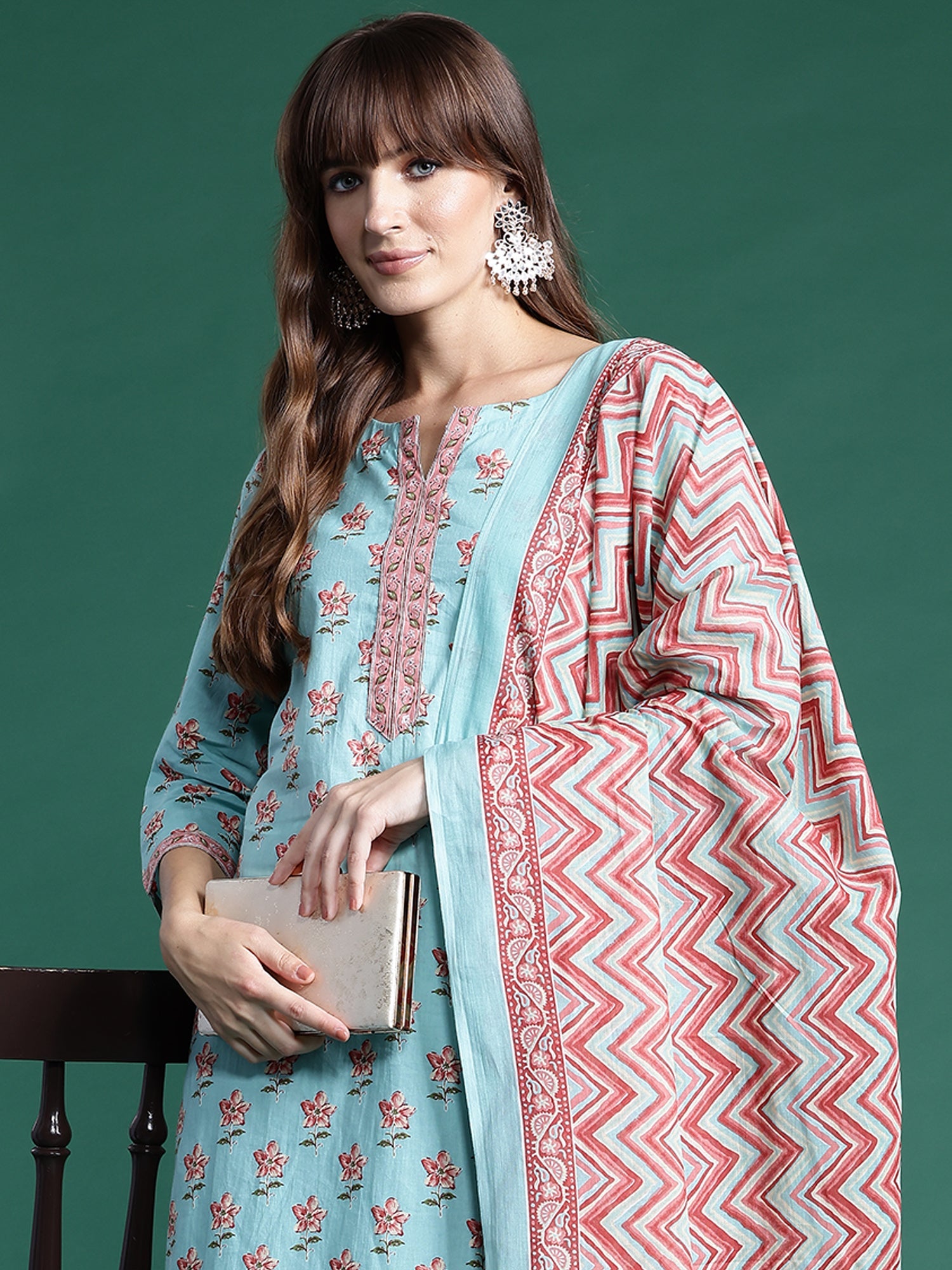 Indo Era Blue Printed Straight Kurta Trousers With Dupatta set