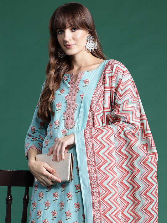 Indo Era Blue Printed Straight Kurta Trousers With Dupatta set