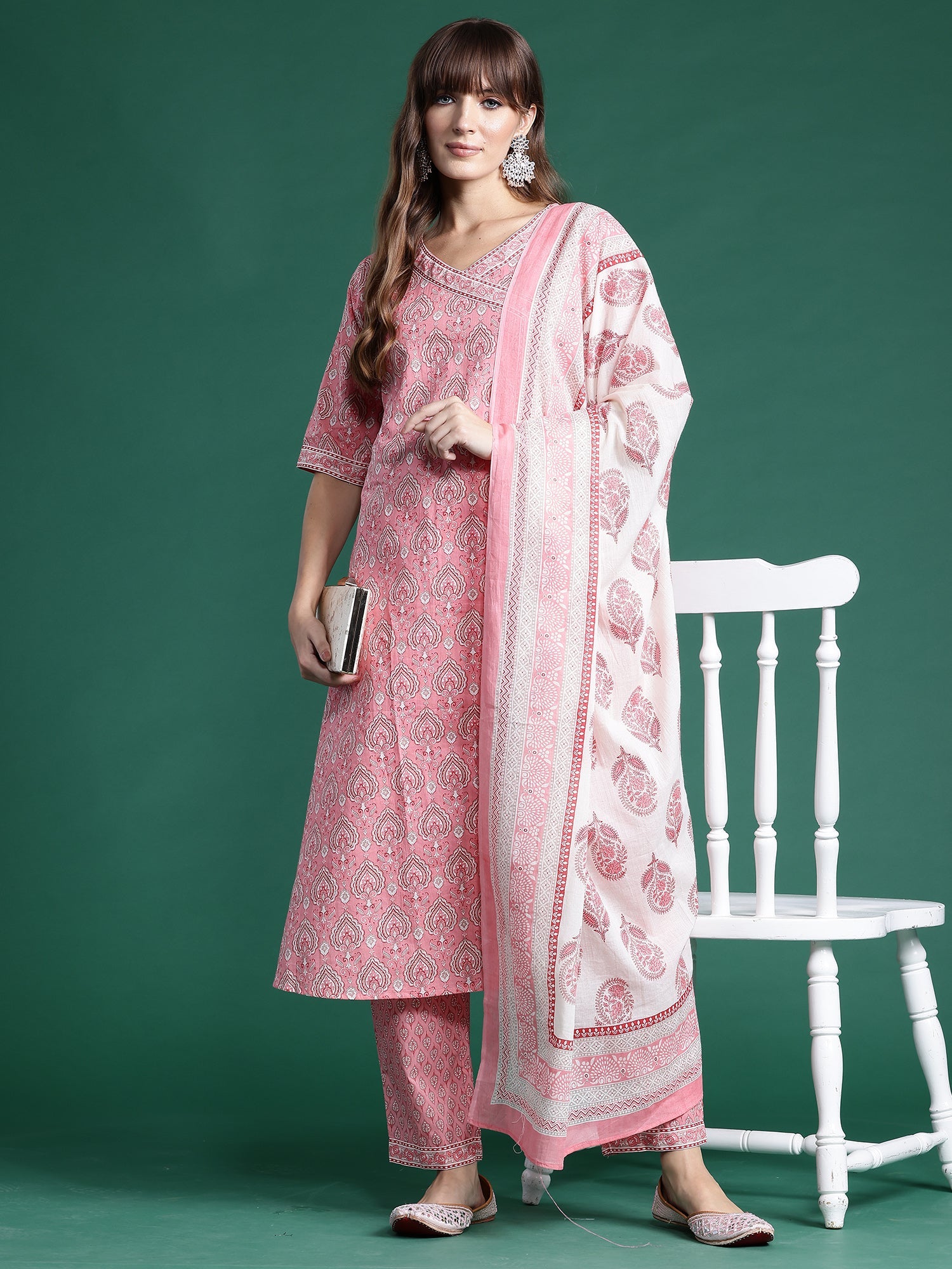 Indo Era Pink Printed A-Line Kurta Trousers With Dupatta set