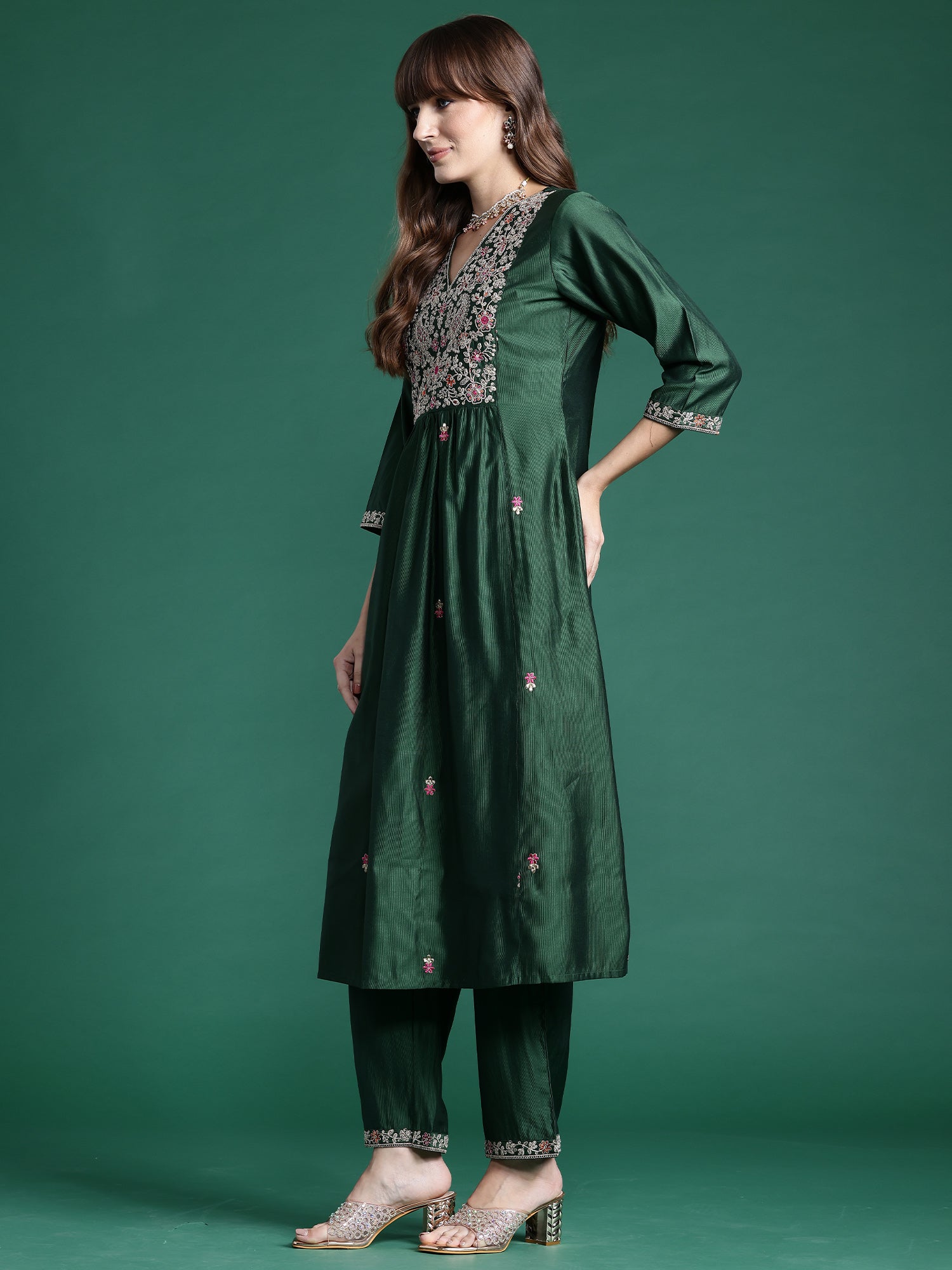 Indo Era Green Embroidered A-Line Kurta Trousers set