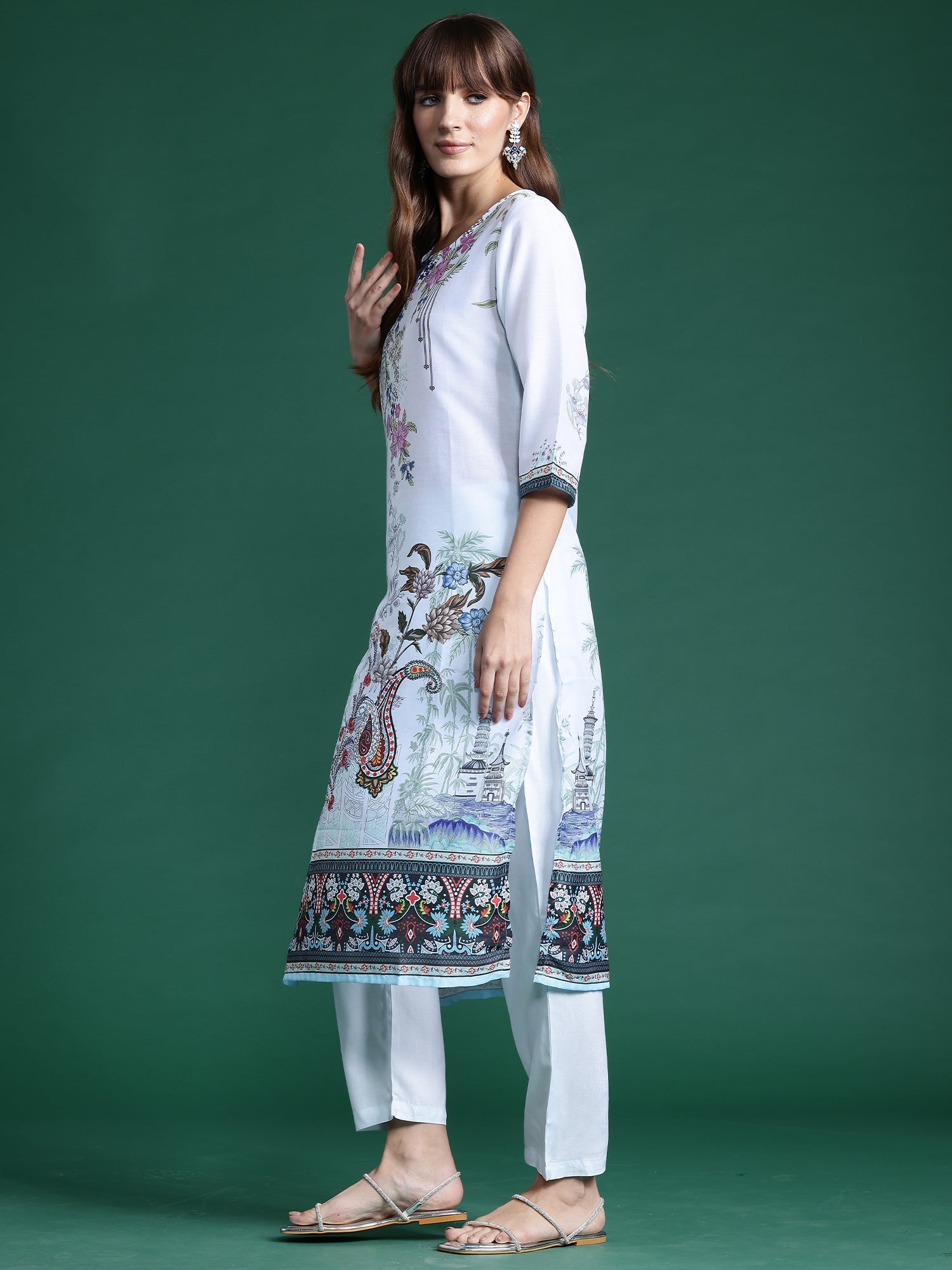 Indo Era Blue Printed Straight Kurta Trousers With Dupatta set