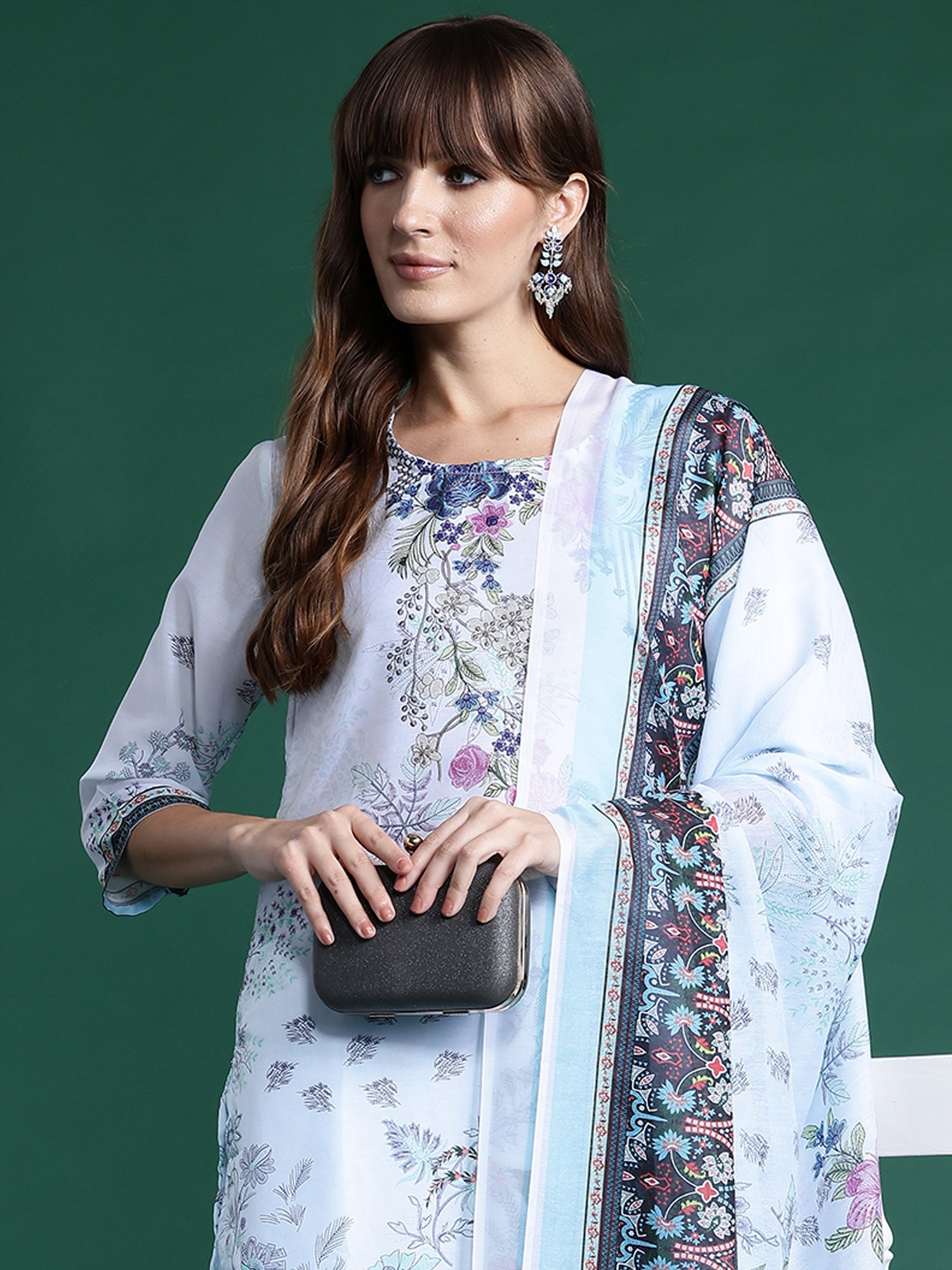 Indo Era Blue Printed Straight Kurta Trousers With Dupatta set