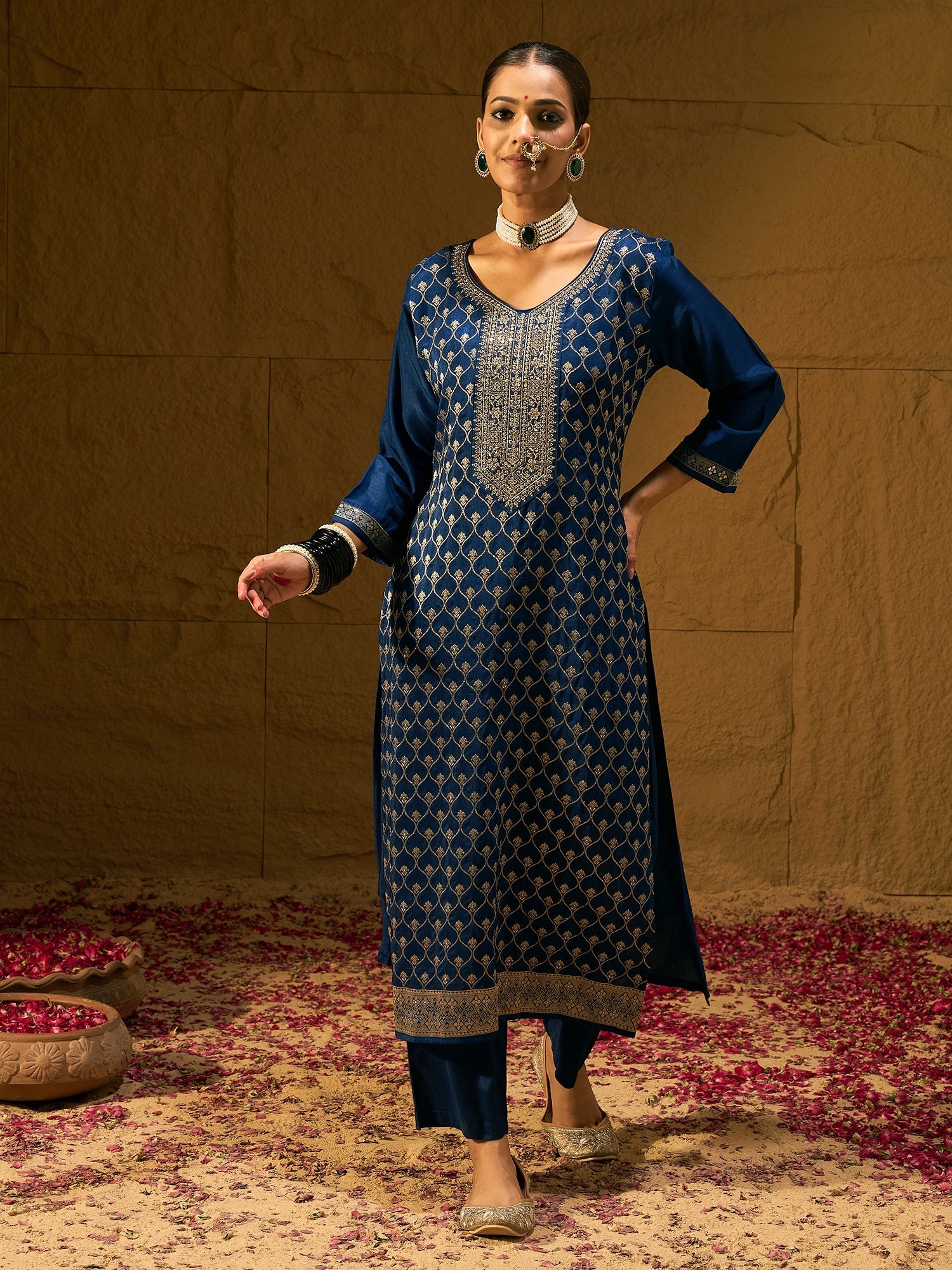 Indo Era Blue Embroidered Straight Kurta Trousers With Dupatta set