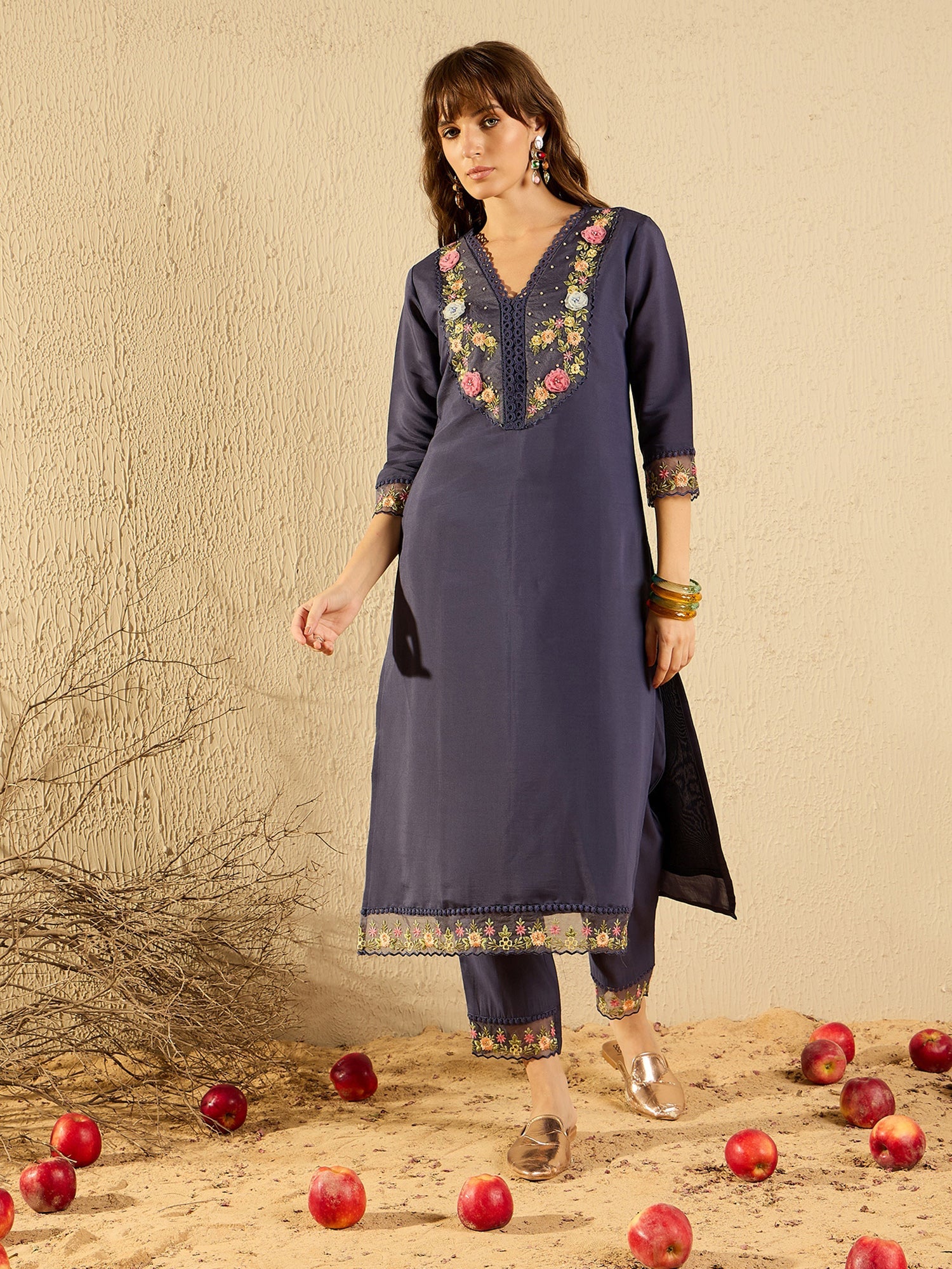 Indo Era Grey Embroidered Straight Kurta Trousers With Dupatta set