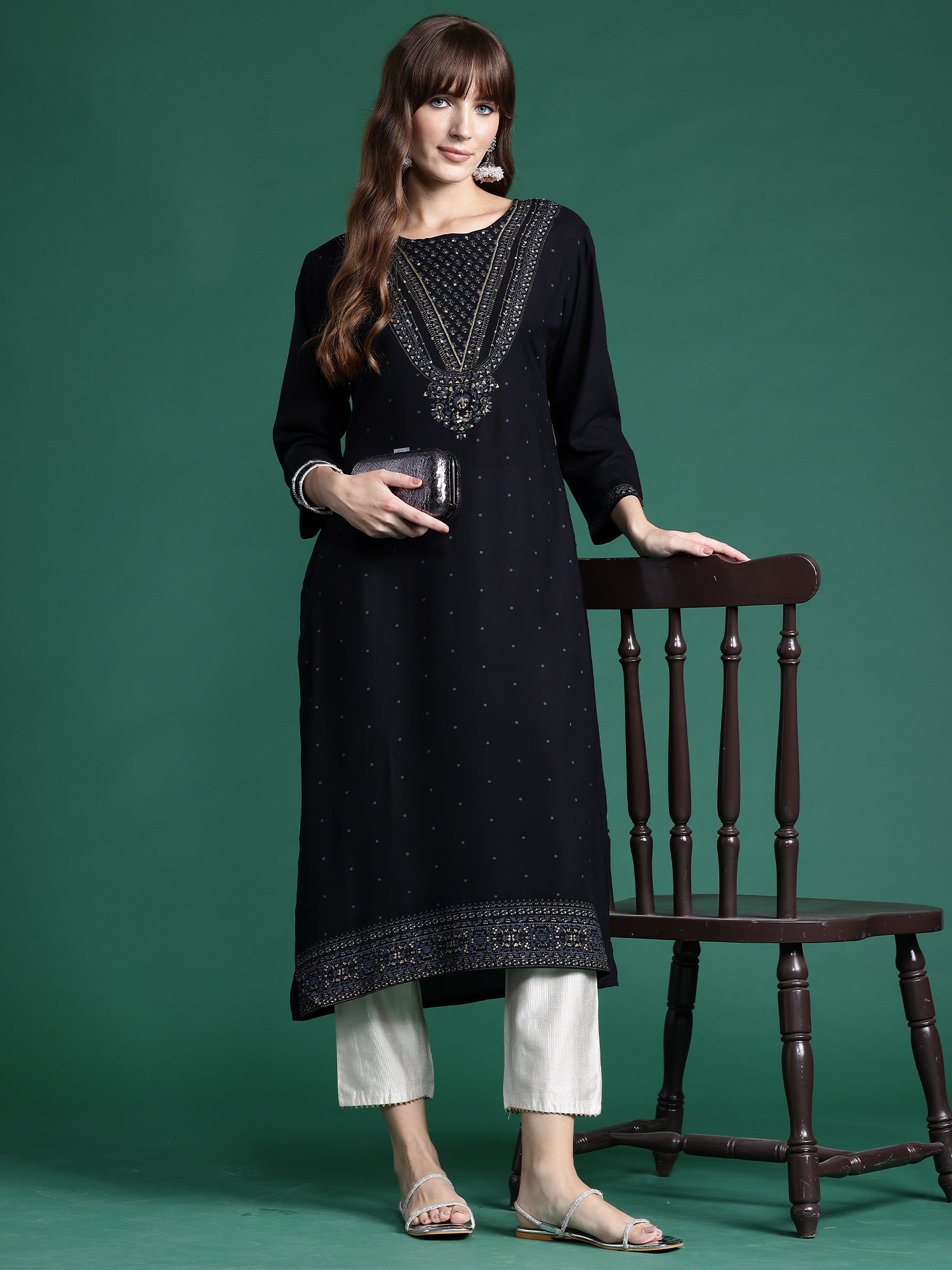 Indo Era Black Printed Straight Kurta