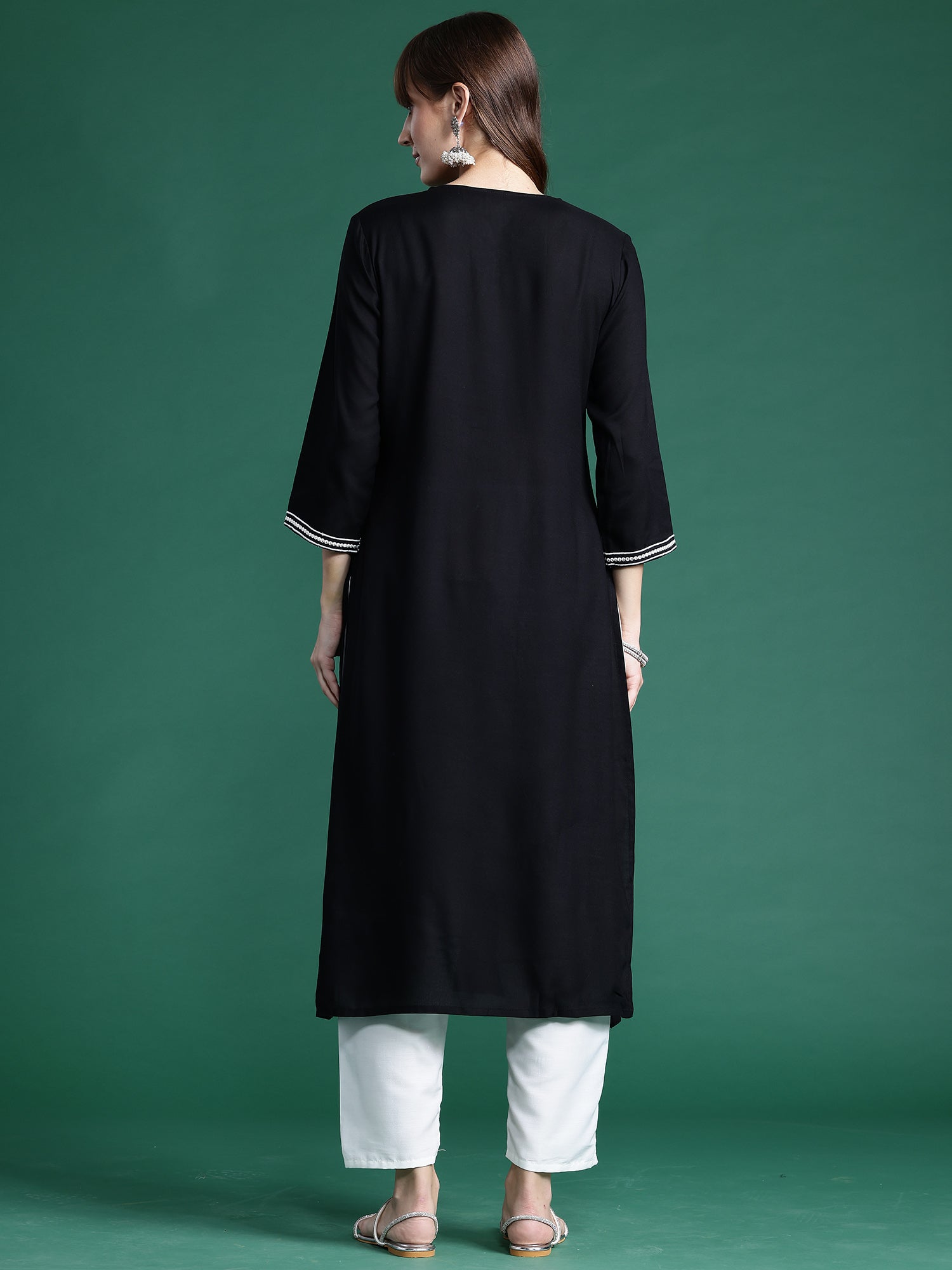 Indo Era Black Embroidered Straight Kurta