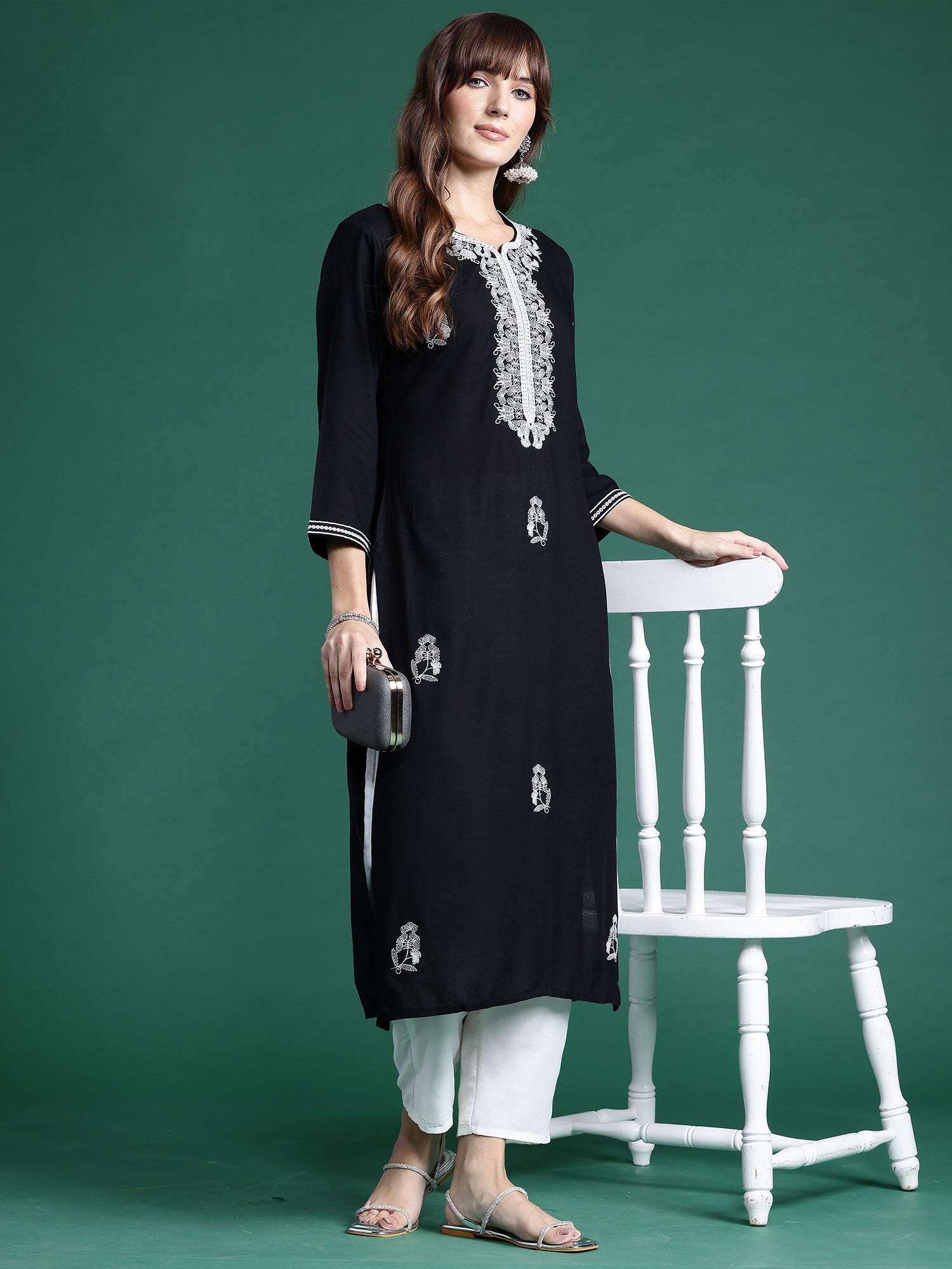 Indo Era Black Embroidered Straight Kurta