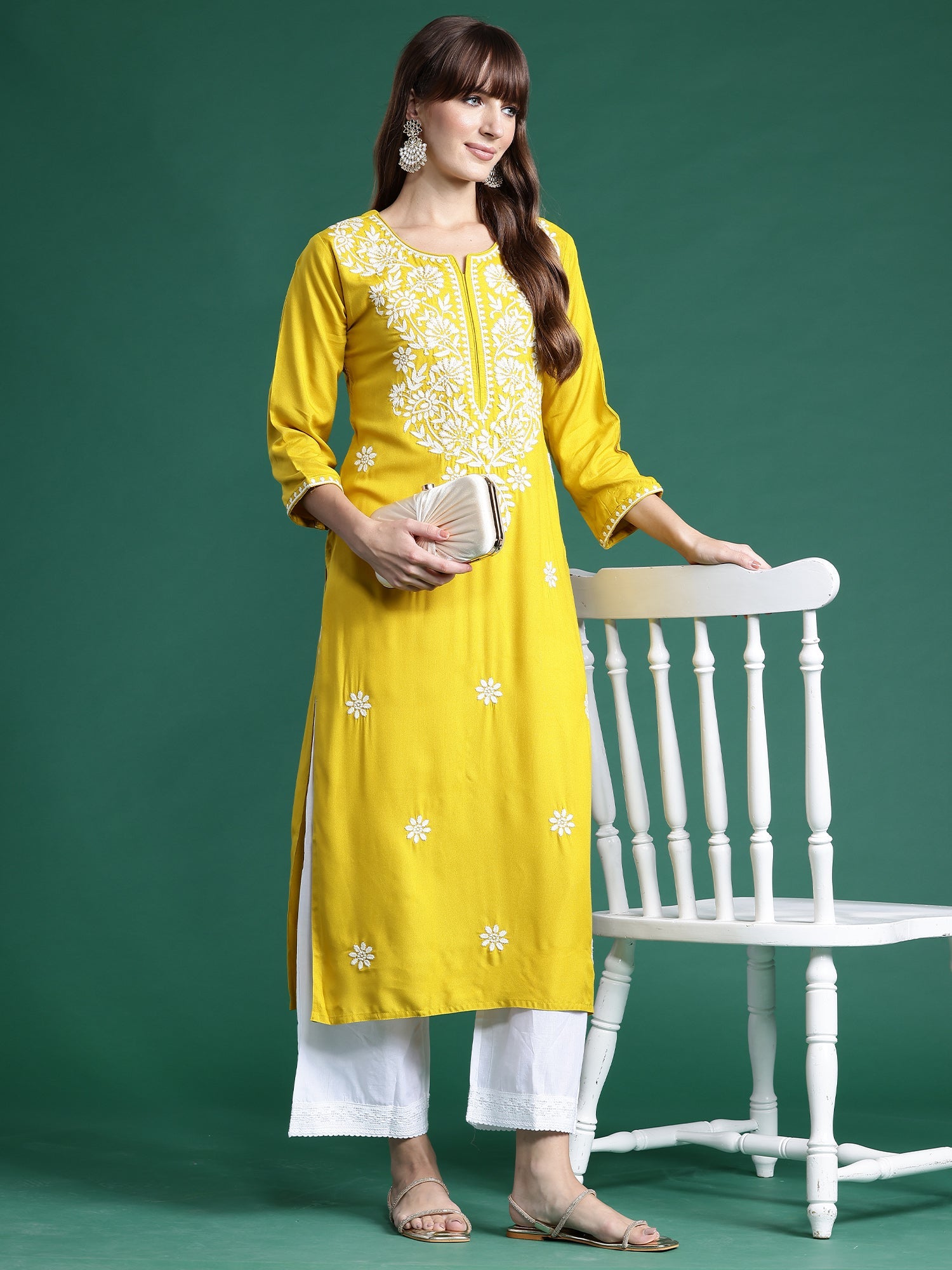 Indo Era Yellow Embroidered Straight Kurta