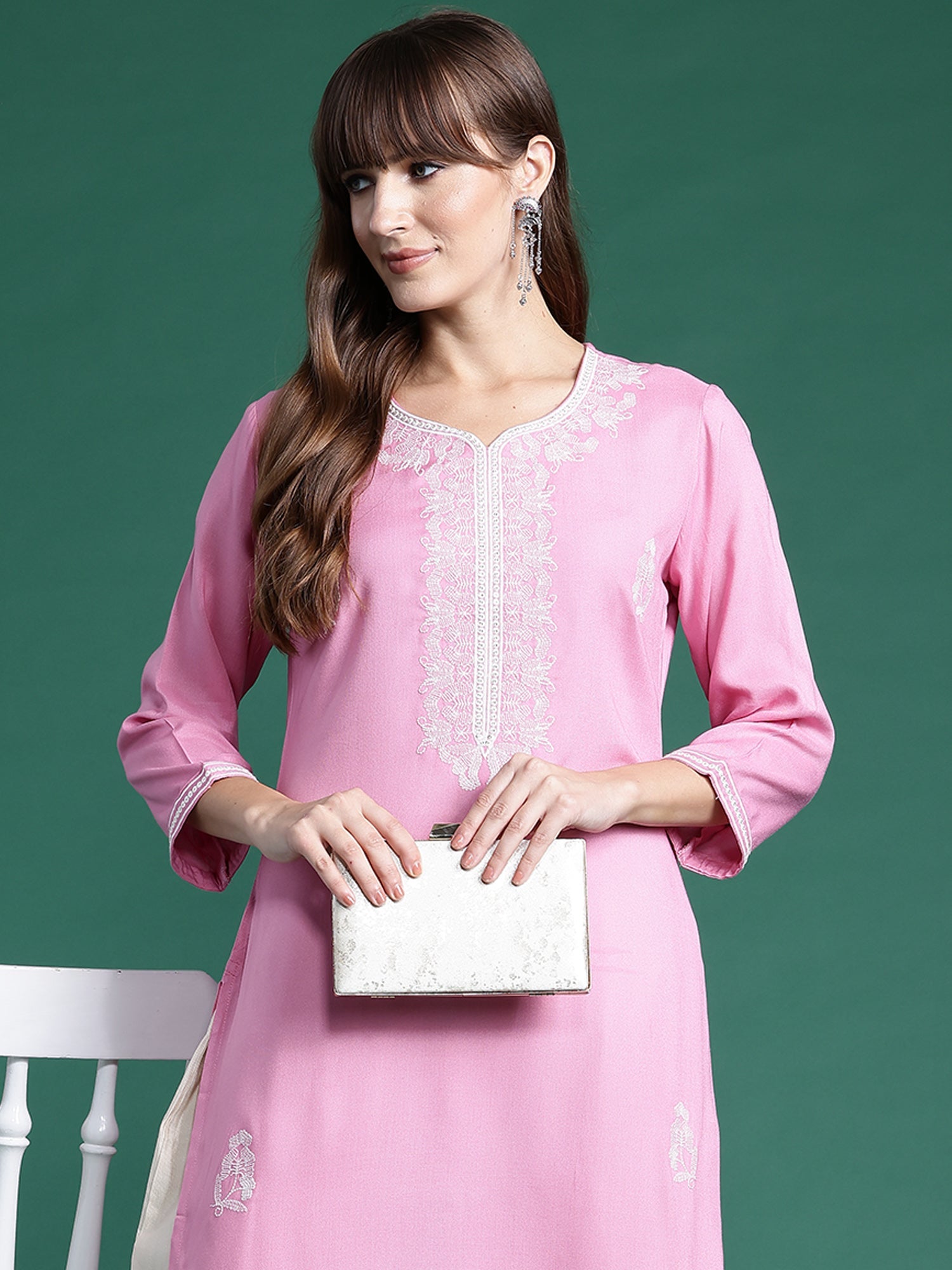 Indo Era Pink Embroidered Straight Kurta