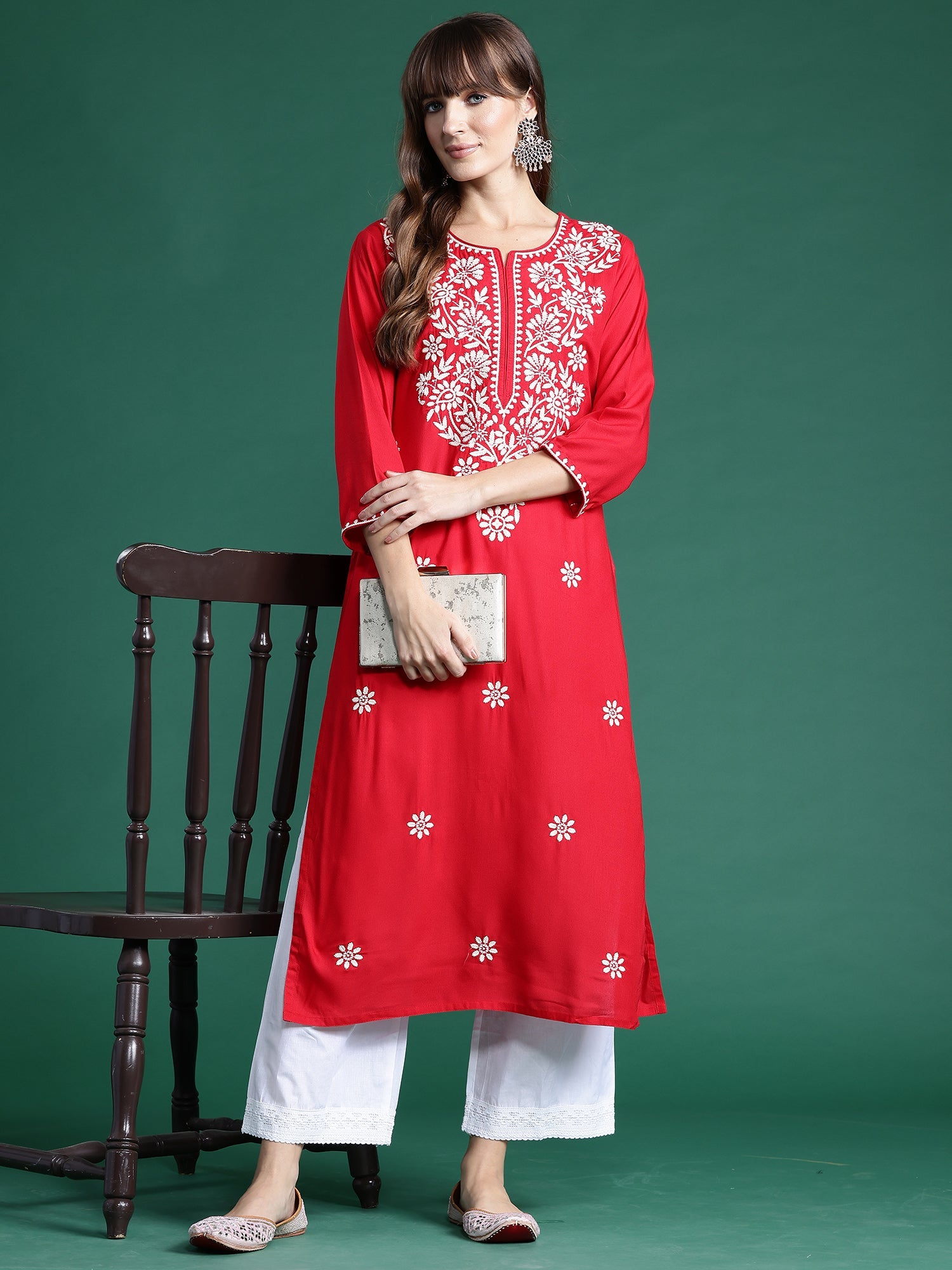 Indo Era Red Embroidered Straight Kurta