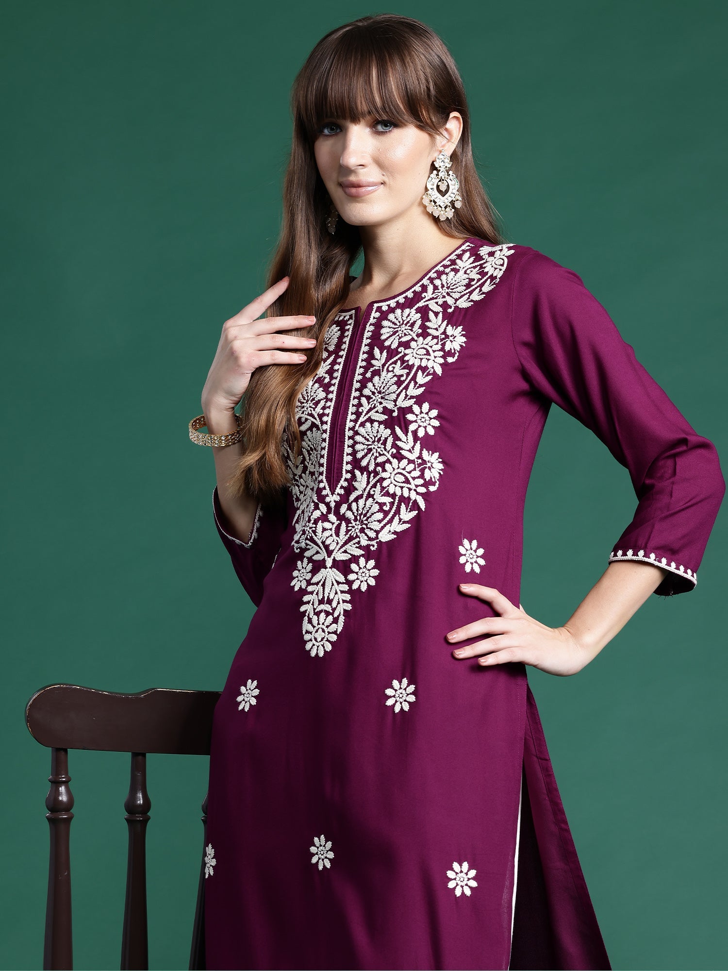 Indo Era Burgundy Embroidered Straight Kurta