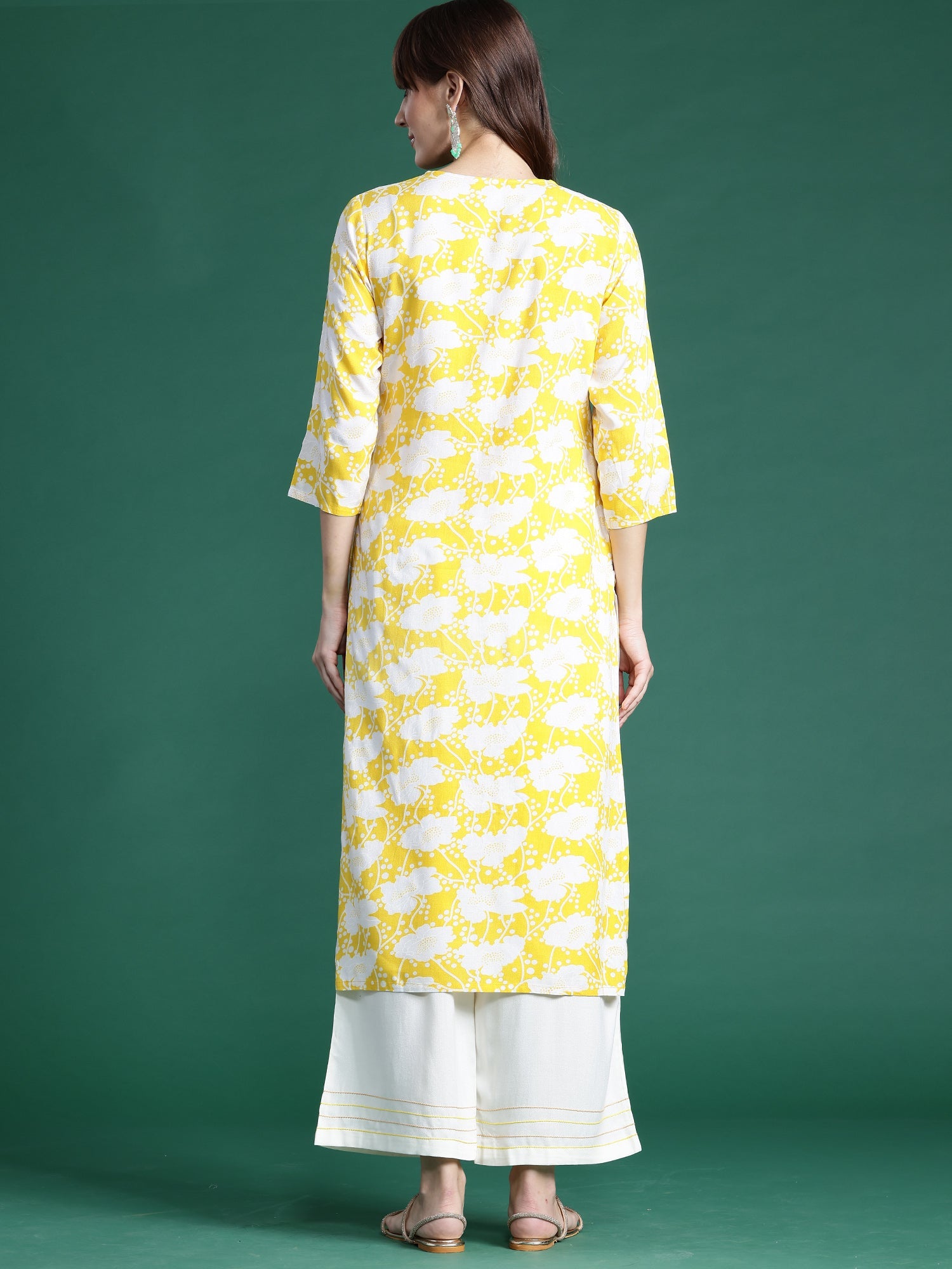 Indo Era Yellow Printed Straight Kurta