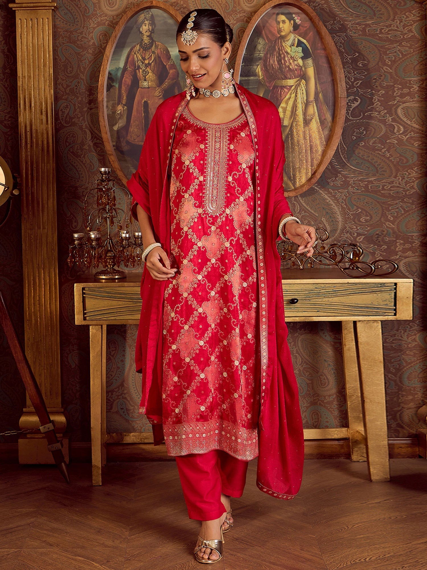 Indo Era Magenta Embroidered Straight Kurta Trousers With Dupatta set