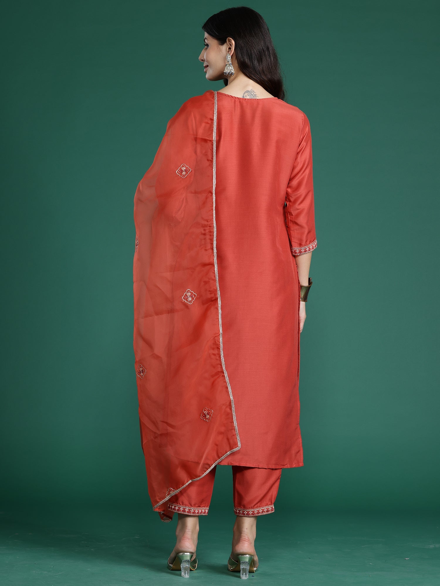 Indo Era Orange Embroidered Straight Kurta Trousers With Dupatta Set