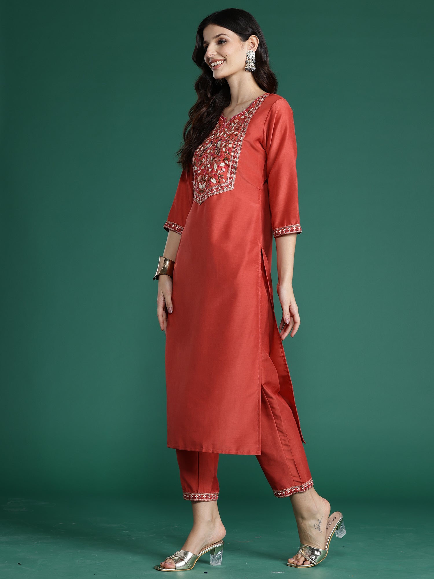 Indo Era Orange Embroidered Straight Kurta Trousers With Dupatta Set