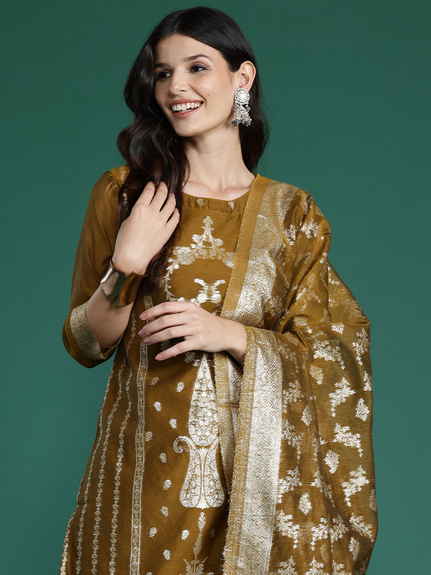 Indo Era Mustard Woven Design Straight Kurta Trousers With Dupatta Set