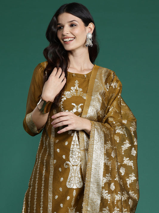 Indo Era Mustard Woven Design Straight Kurta Trousers With Dupatta Set