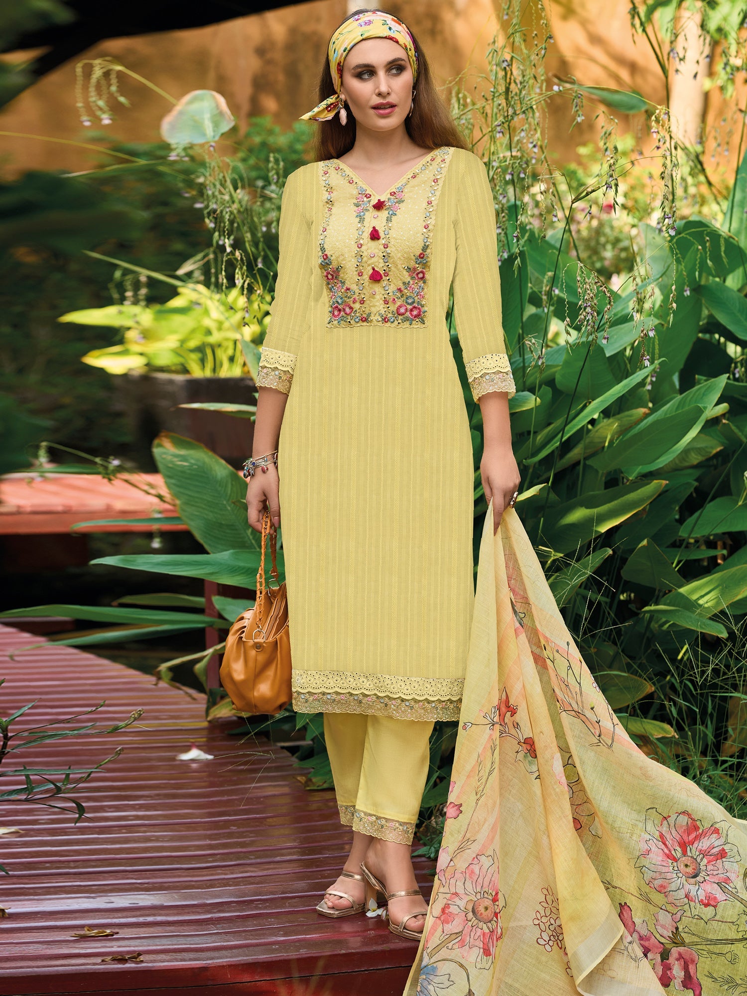 Indo Era Yellow Embroidered Straight Kurta Trousers With Dupatta set