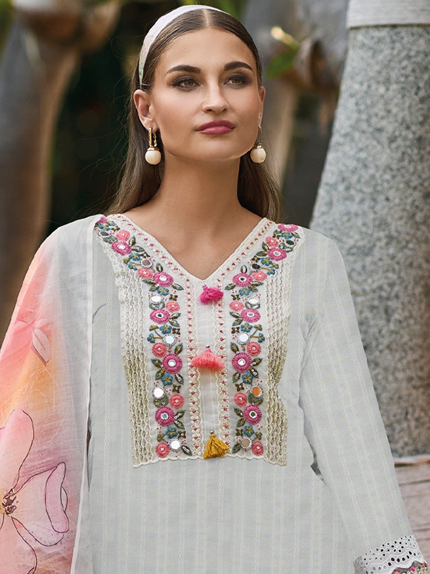 Indo Era Off White Embroidered Straight Kurta Trousers With Dupatta set