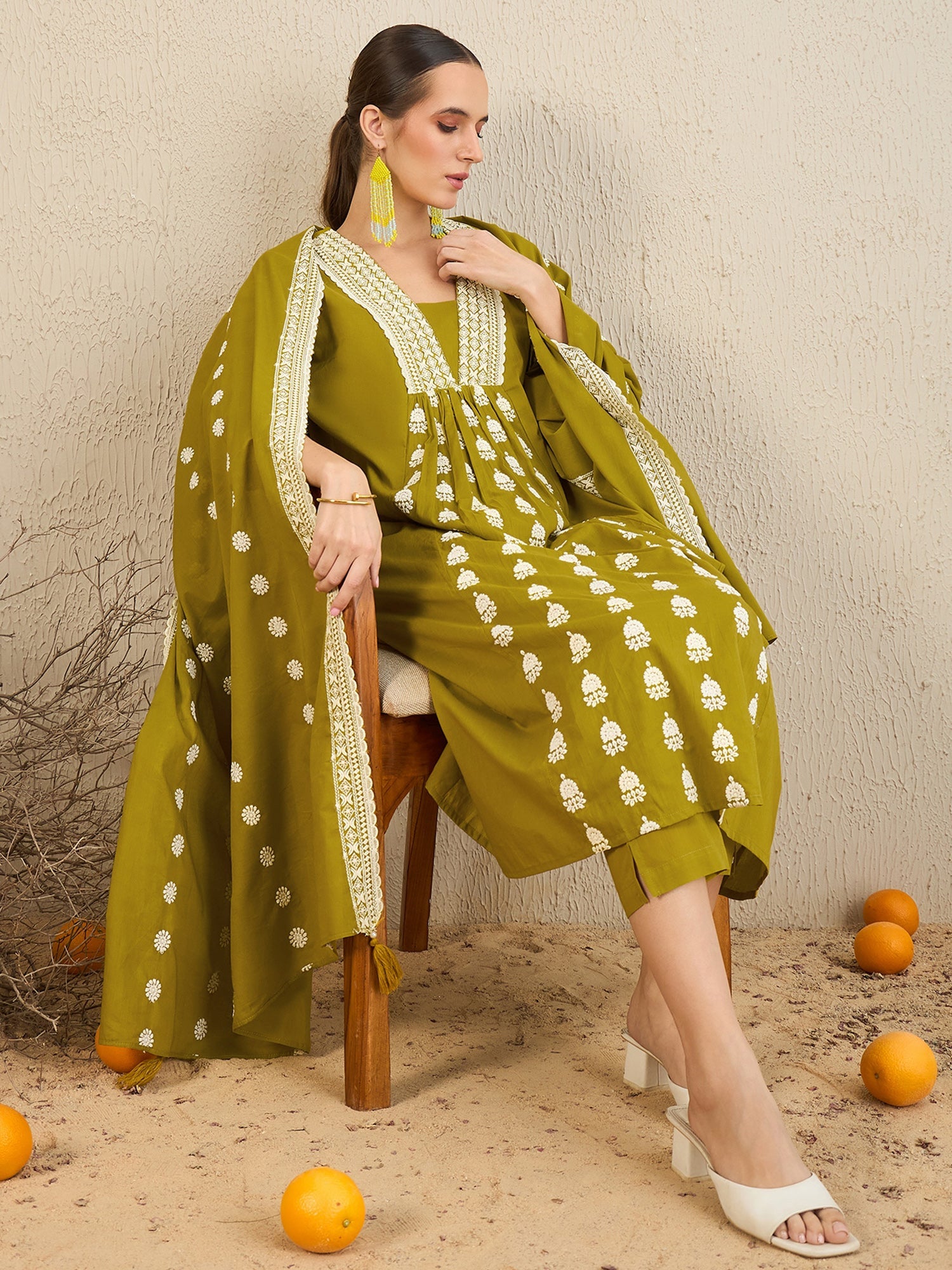 Indo Era Green Embroidered A-Line Kurta Trousers With Dupatta set