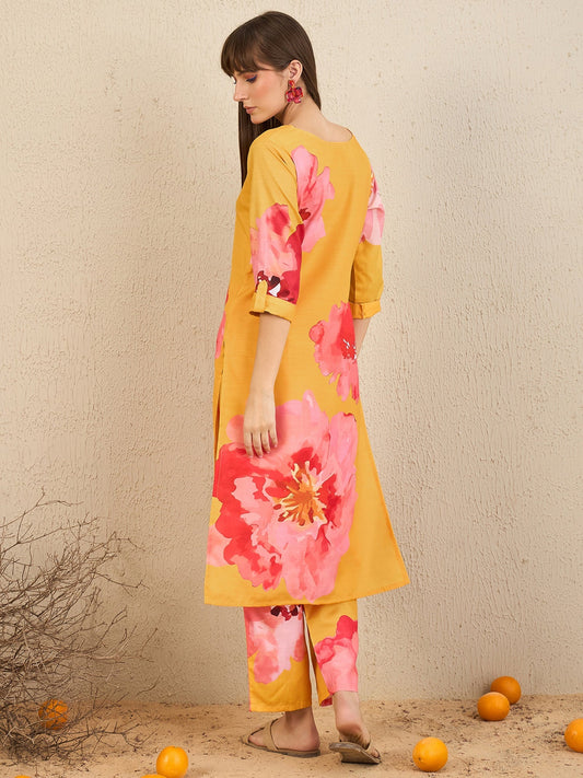 Women Yellow Printed Straight Kurta Trousers Set - Taantav