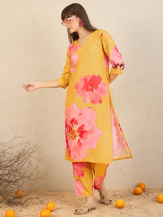 Women Yellow Printed Straight Kurta Trousers Set - Taantav