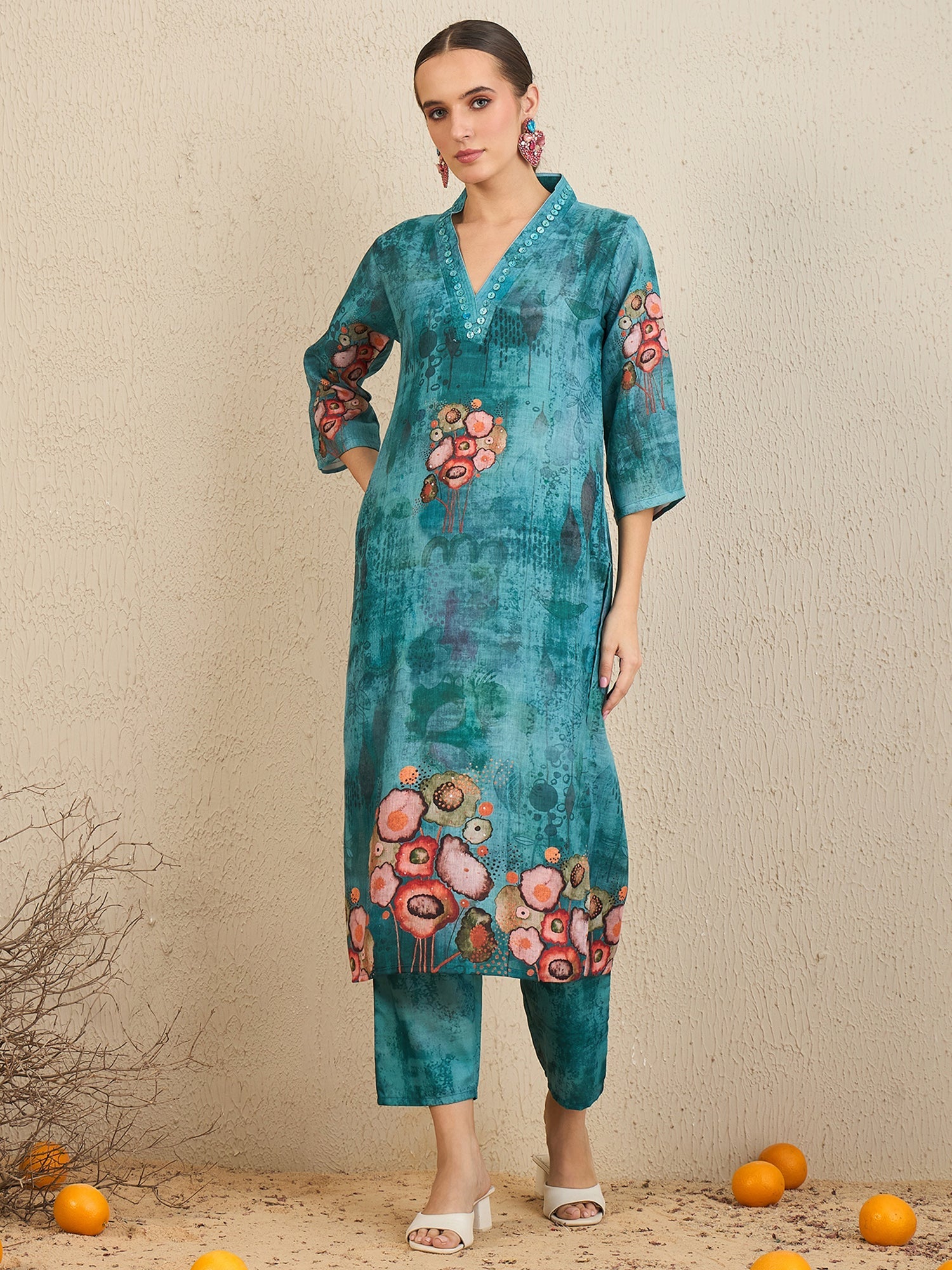 Indo Era Green Printed Straight Kurta Trousers With Dupatta Set