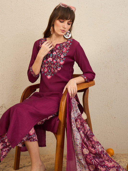 Indo Era Burgundy Embroidered Straight Kurta Palazzos With Dupatta Set