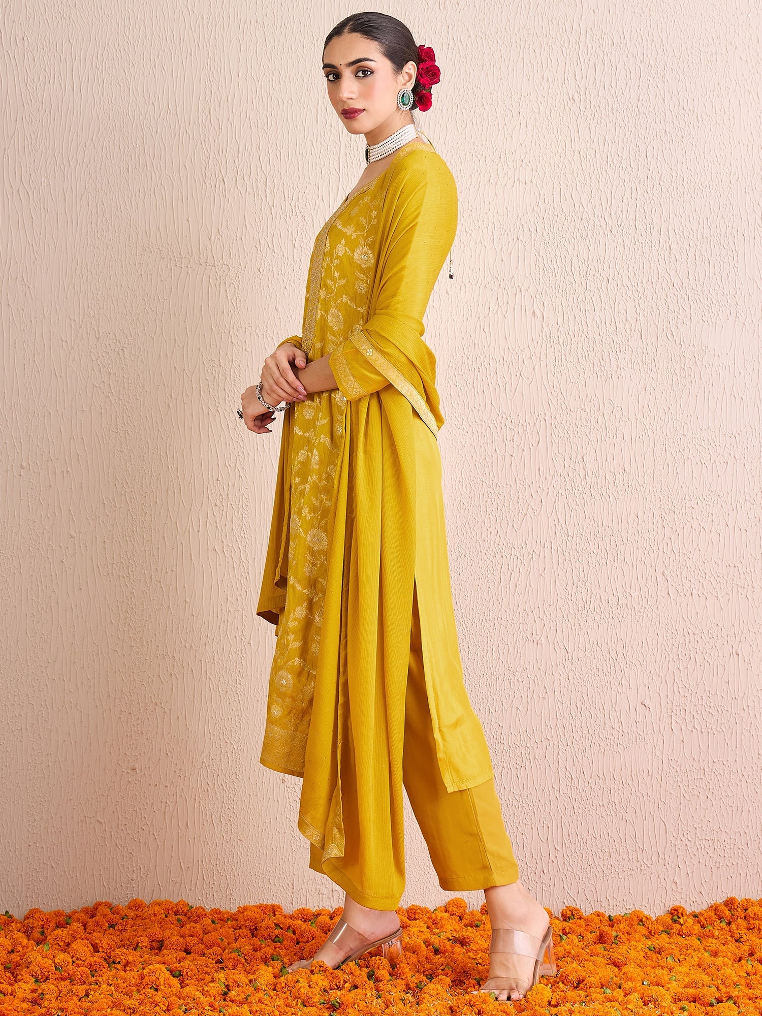Indo Era Yellow Embroidered Straight Kurta Trousers With Dupatta set