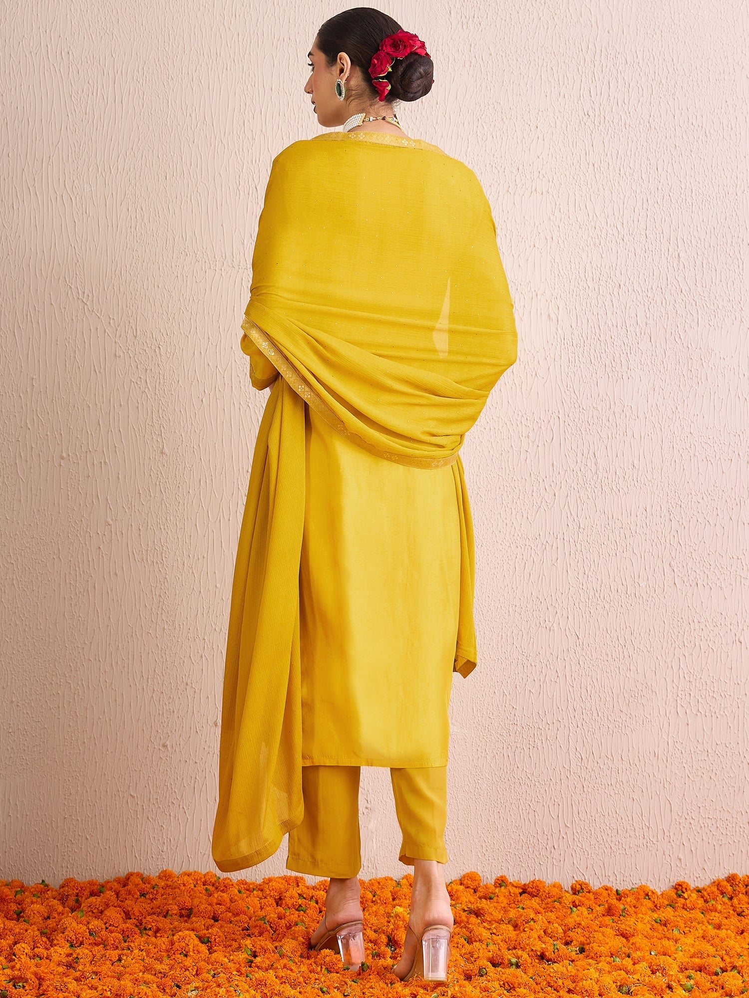 Indo Era Yellow Embroidered Straight Kurta Trousers With Dupatta set