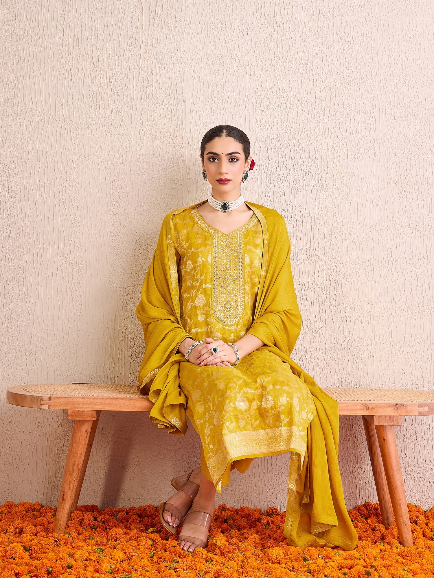 Indo Era Yellow Embroidered Straight Kurta Trousers With Dupatta set