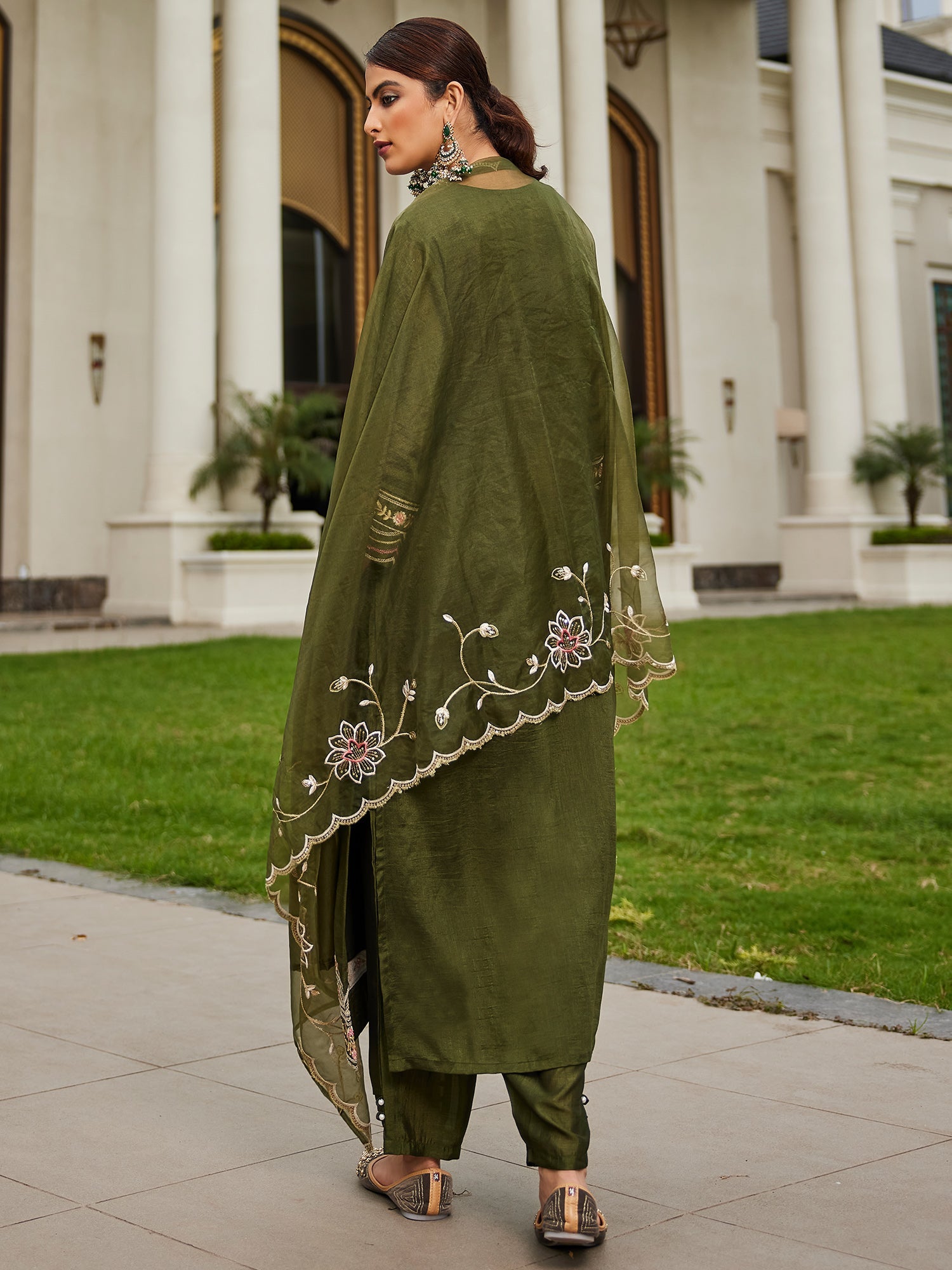 Indo Era Green Embroidered Straight Kurta Trousers With Dupatta Set