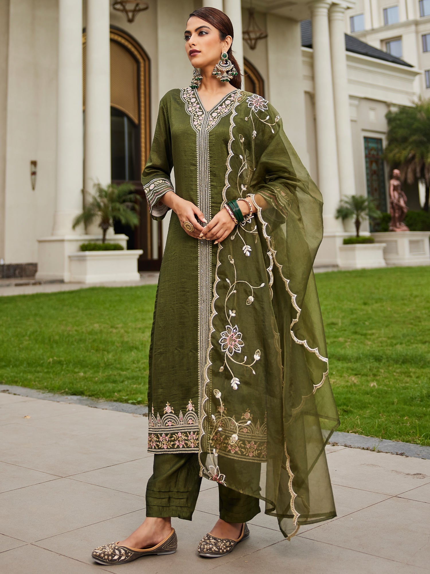 Indo Era Green Embroidered Straight Kurta Trousers With Dupatta Set