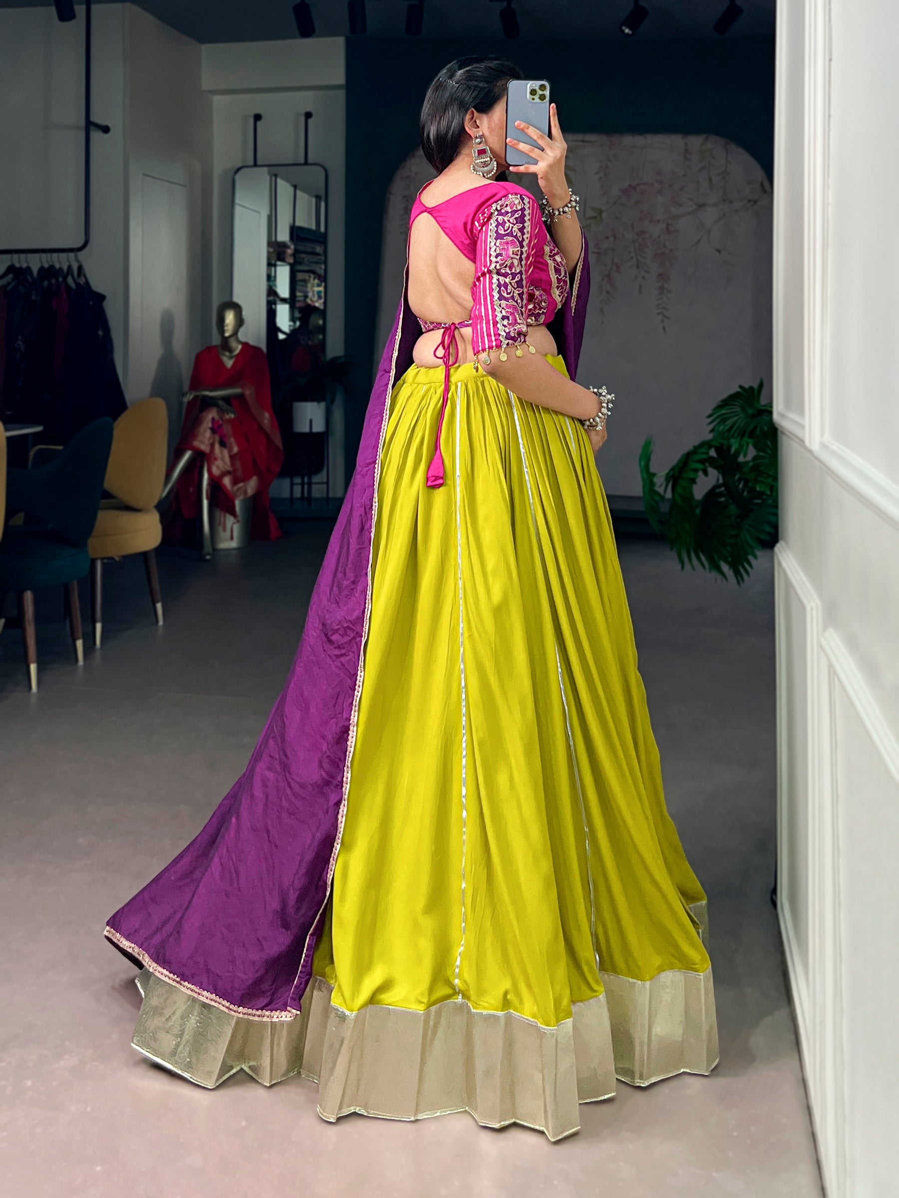 Lorenvalley Fashion Neon Yellow Rayon Embossed Design Lace Border Lehenga Choli With Dupatta