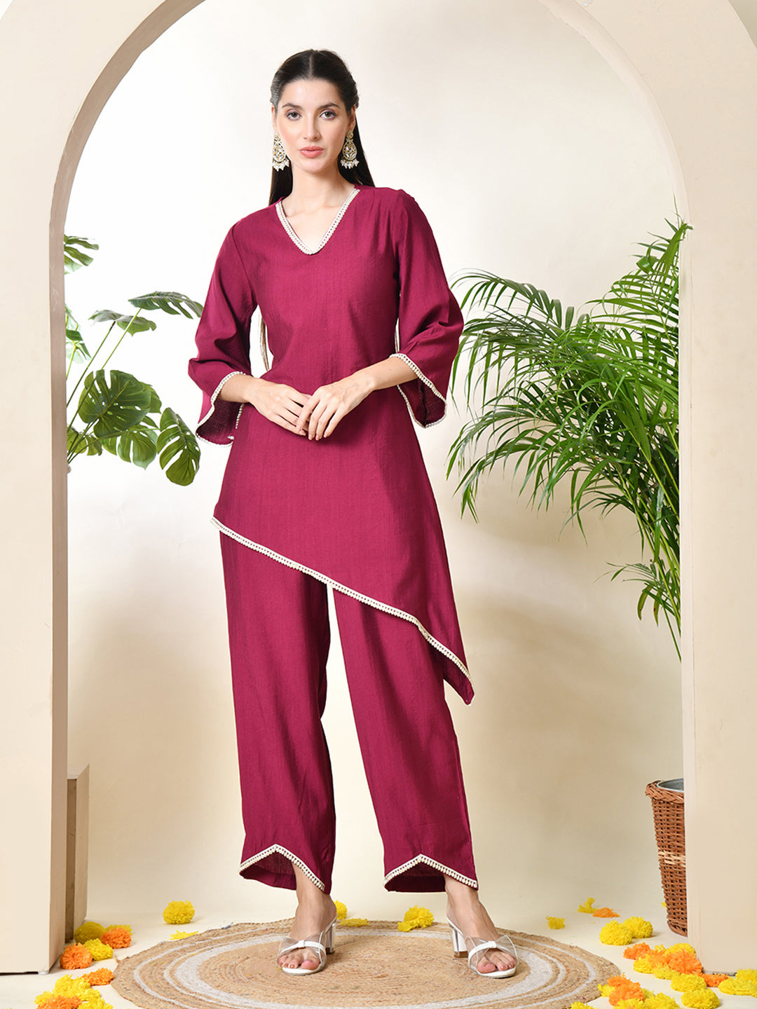 Myshka Women's Wine colour Co-ord set with Lace 