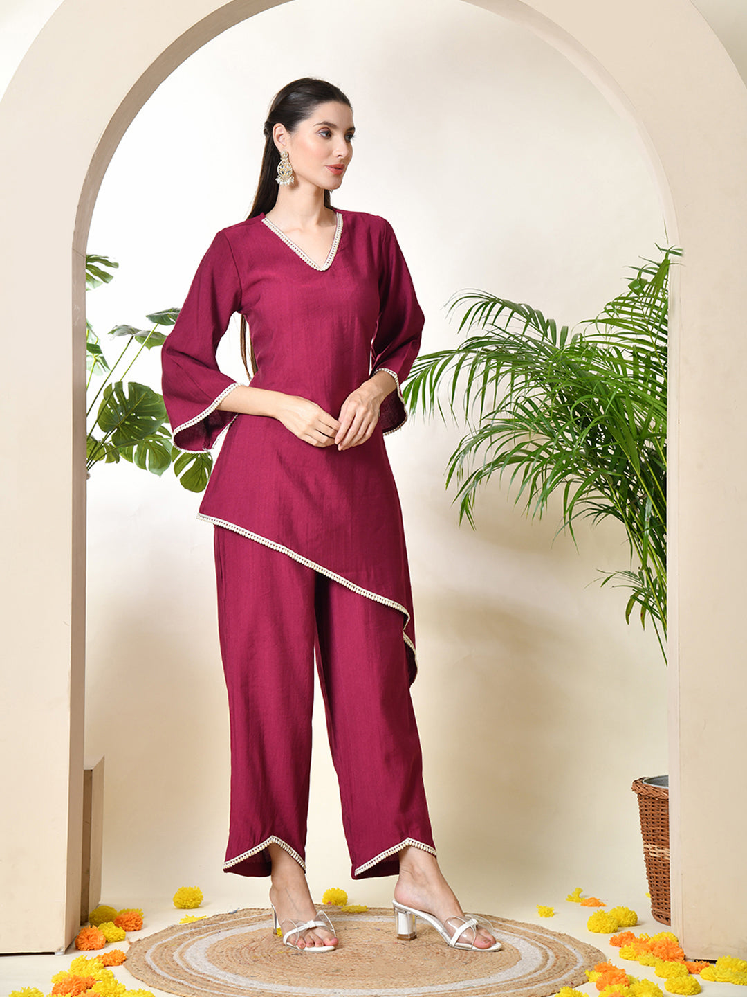 Myshka Women's Wine colour Co-ord set with Lace 
