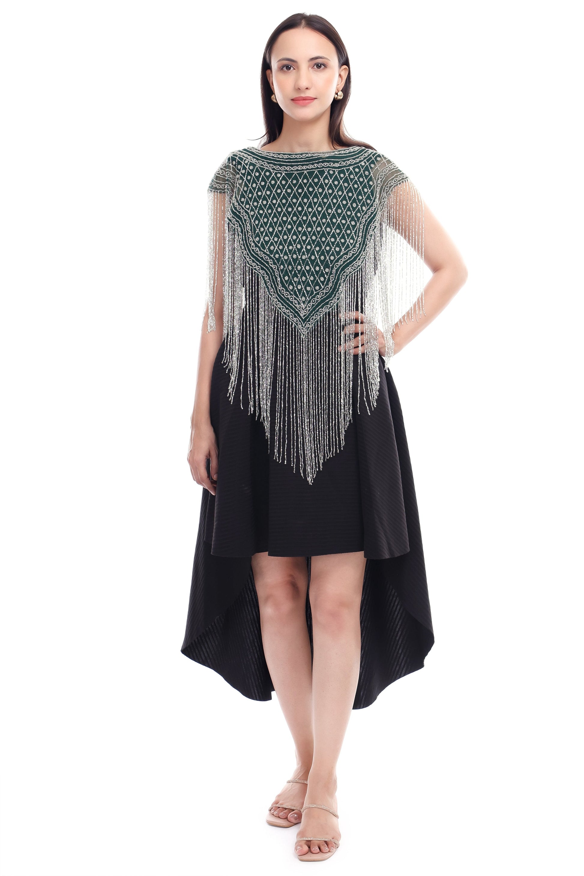 Jaitra Apparels Green Beads Embroidered Net Poncho