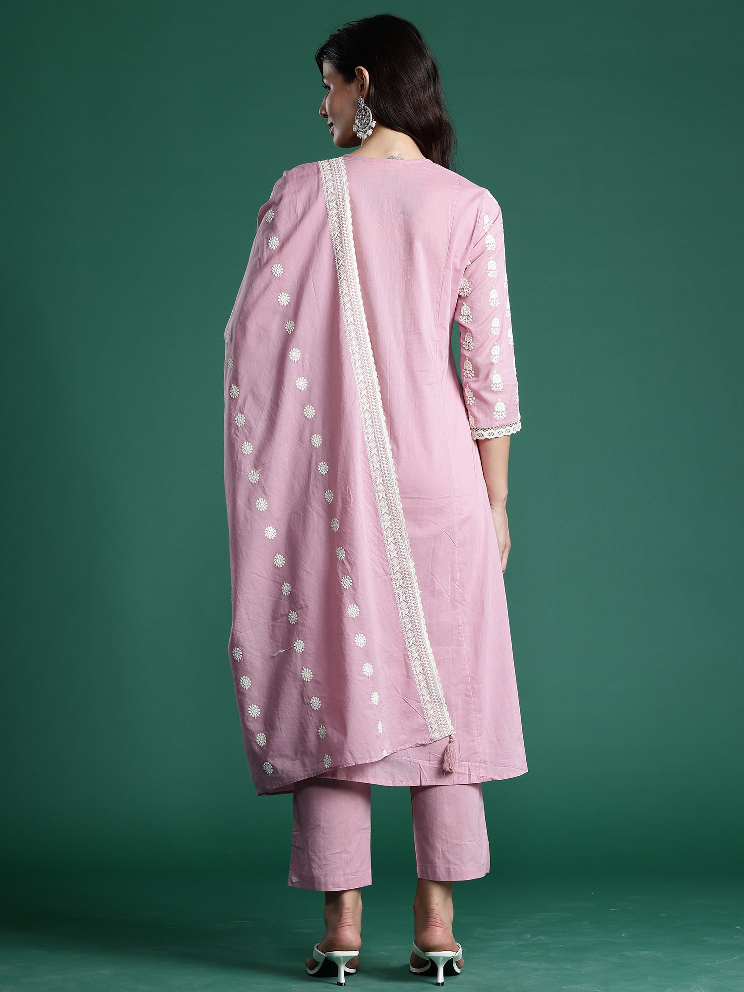Indo Era Pink Embroidered A-Line Kurta Trousers With Dupatta set