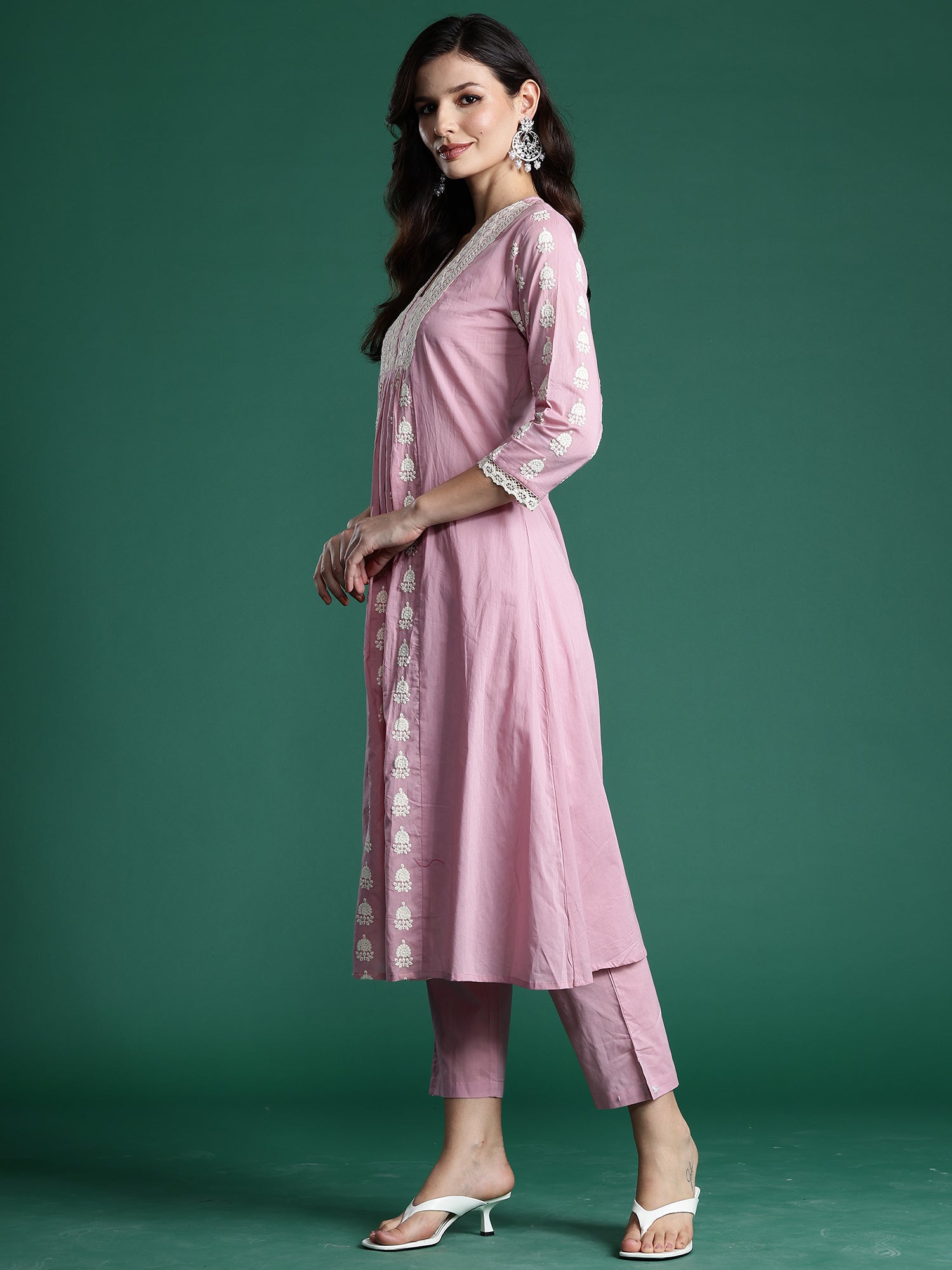 Indo Era Pink Embroidered A-Line Kurta Trousers With Dupatta set